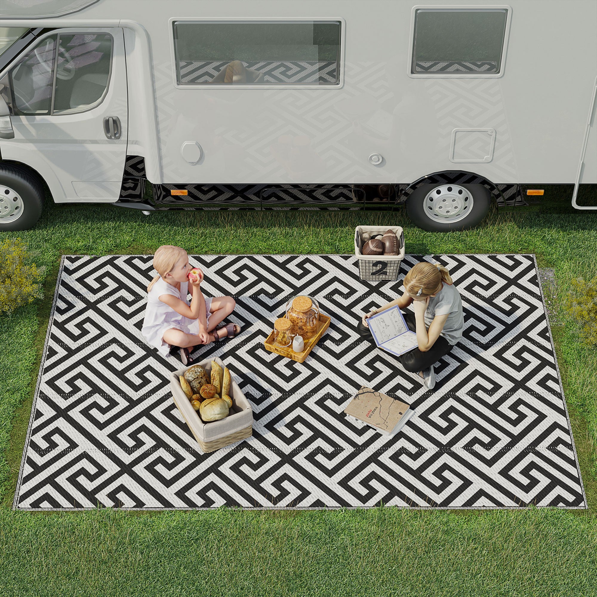 Outdoor Rug 182x274 cm Reversible Rug with Waterproof Geometric Pattern for Terrace Balcony Patio Camping Beach Black and White