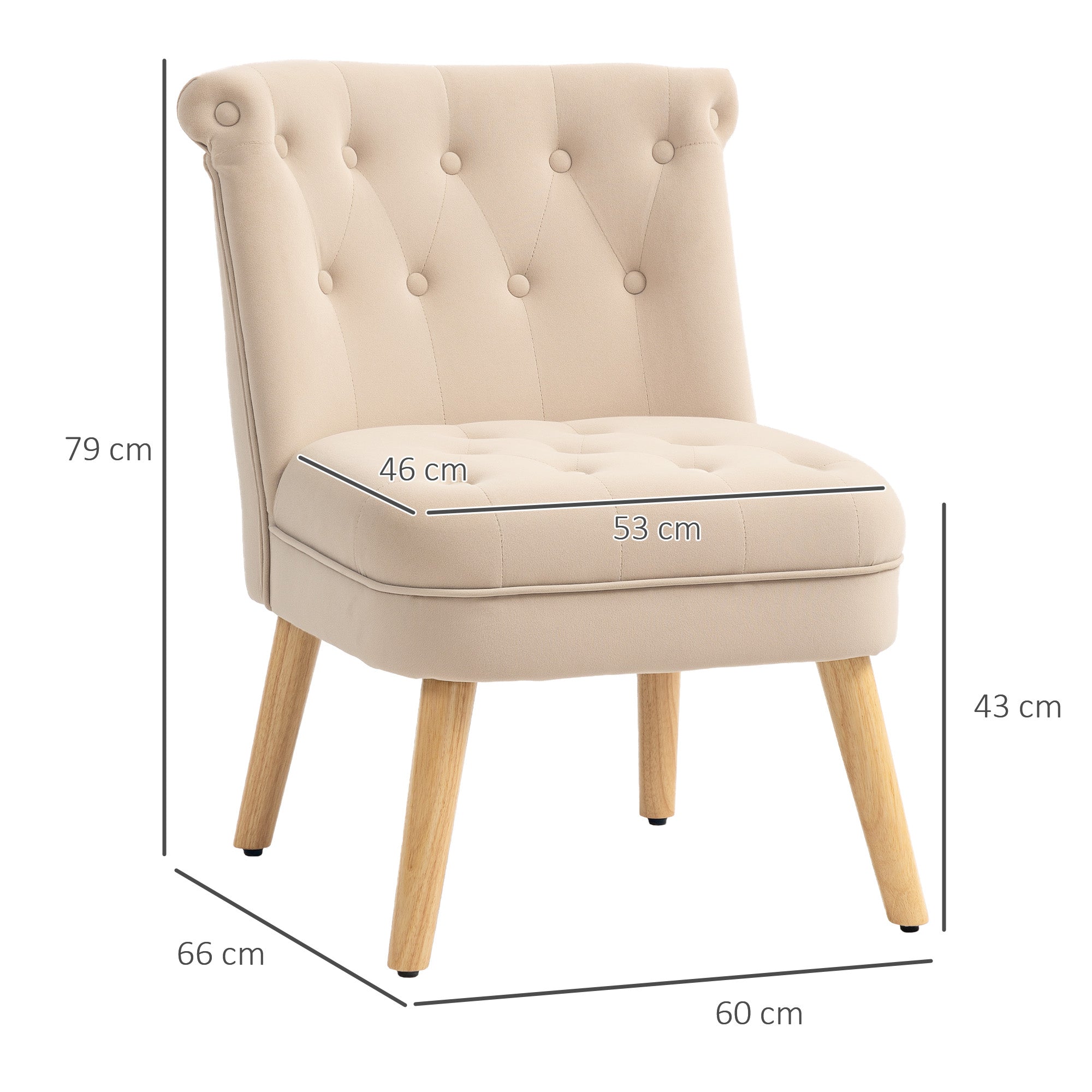 Living Room and Dining Room Armchair with Upholstered Seat, Bedroom Armchair with Wooden Legs and Velvet Effect Fabric, 60x66x79 cm, Beige