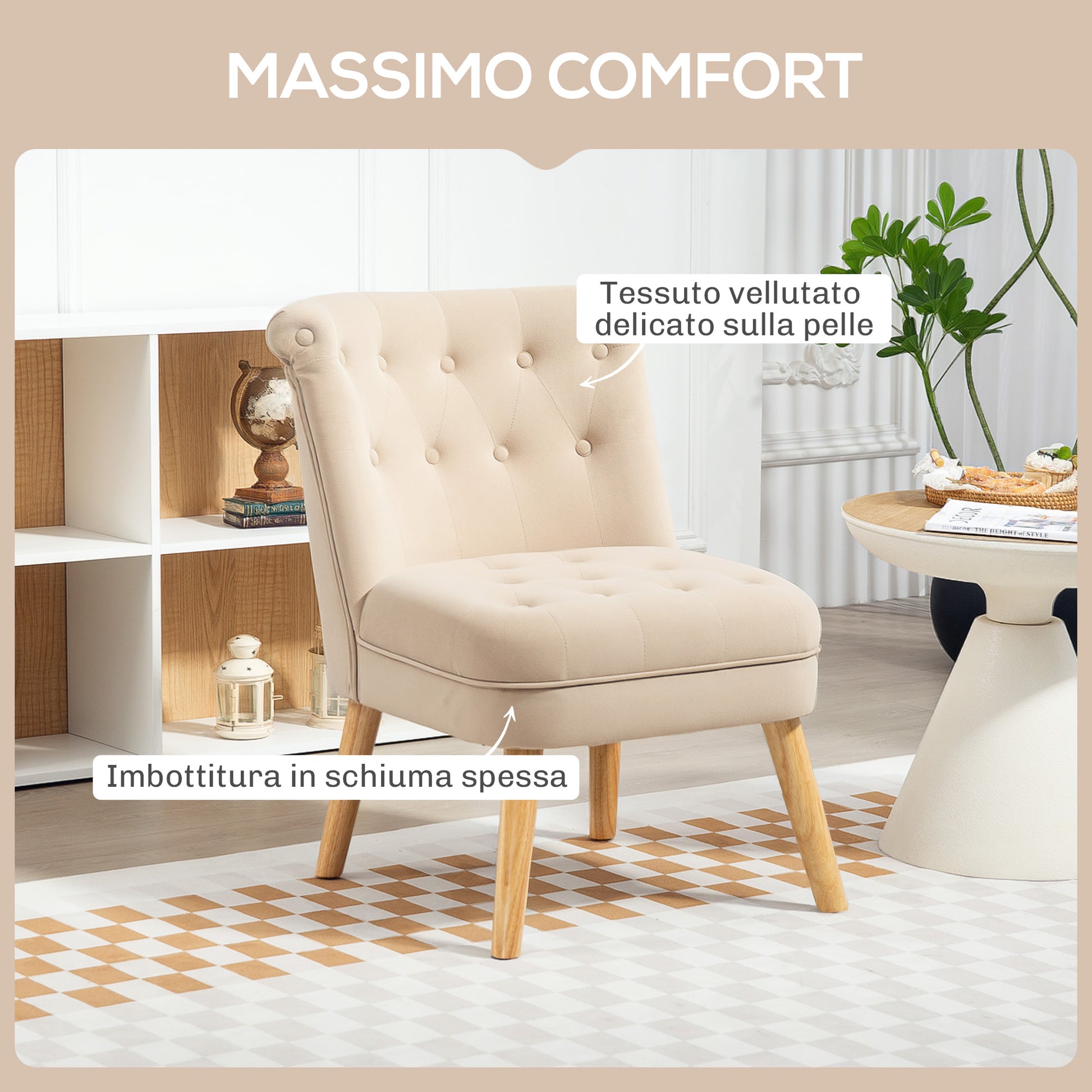 Living Room and Dining Room Armchair with Upholstered Seat, Bedroom Armchair with Wooden Legs and Velvet Effect Fabric, 60x66x79 cm, Beige