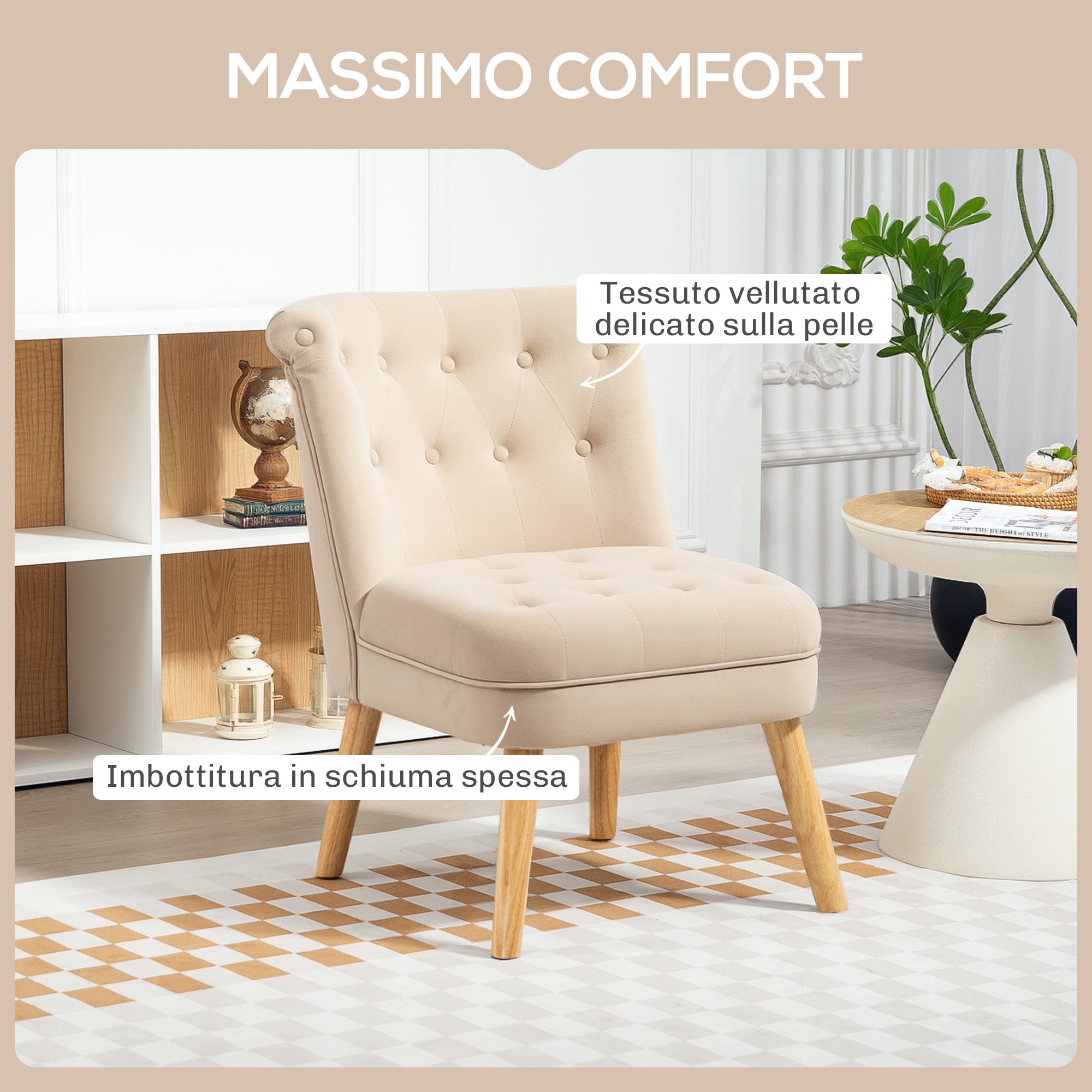 Living Room and Dining Room Armchair with Upholstered Seat, Bedroom Armchair with Wooden Legs and Velvet Effect Fabric, 60x66x79 cm, Beige