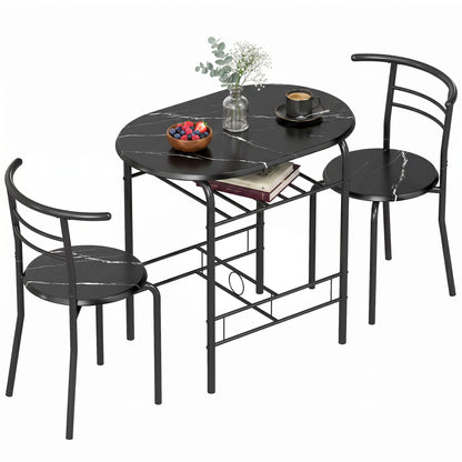 3-Piece Dining Set — 31.5" Kitchen Table with Two Chairs and Shelf, Ideal for Small Spaces, Apartment, Living/Dining Room, Black Marble Finish