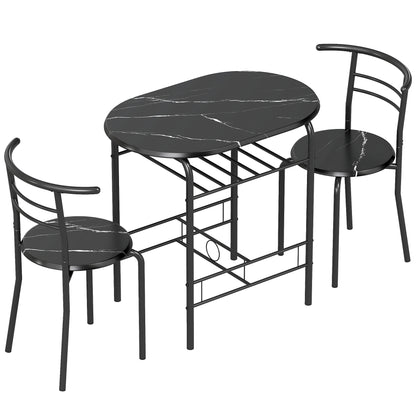 3-Piece Dining Set — 31.5" Kitchen Table with Two Chairs and Shelf, Ideal for Small Spaces, Apartment, Living/Dining Room, Black Marble Finish