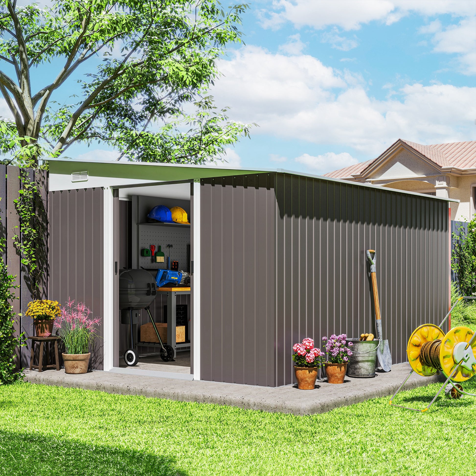 Metal Shed 19.4m³ 280x345x201cm Tool Shed with Mono-Pitched Roof Sliding Door Weatherproof Garden House Outdoor Cabinet Shed for Backyard Outdoor Area Garden Anthracite, Gray