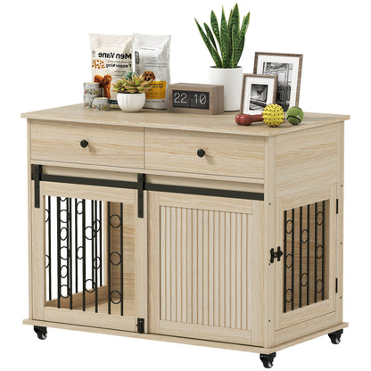 Home Dog Crate 39.4 in with Wheels, Drawer, Sliding Front Door & Lockable Side Door — Oak