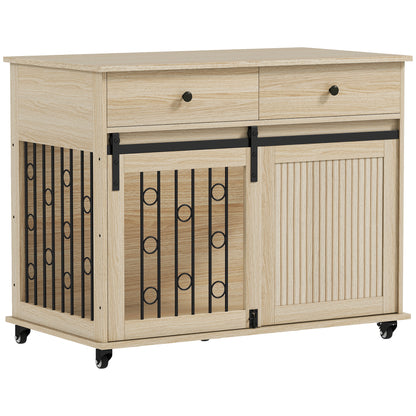 Home Dog Crate 39.4 in with Wheels, Drawer, Sliding Front Door & Lockable Side Door — Oak