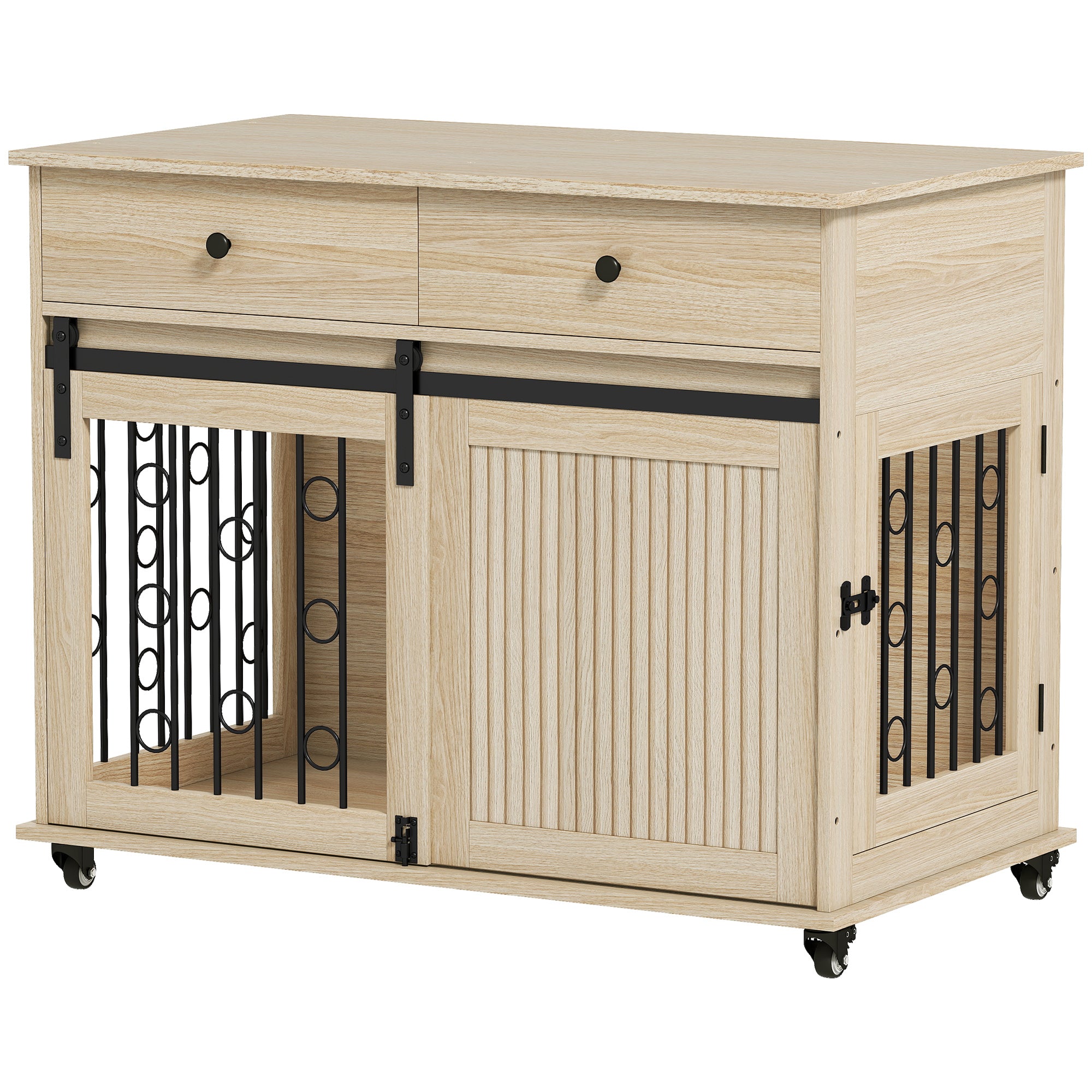 Home Dog Crate 39.4 in with Wheels, Drawer, Sliding Front Door & Lockable Side Door — Oak