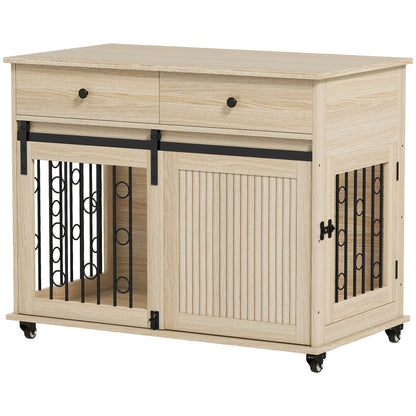 Home Dog Crate 39.4 in with Wheels, Drawer, Sliding Front Door & Lockable Side Door — Oak