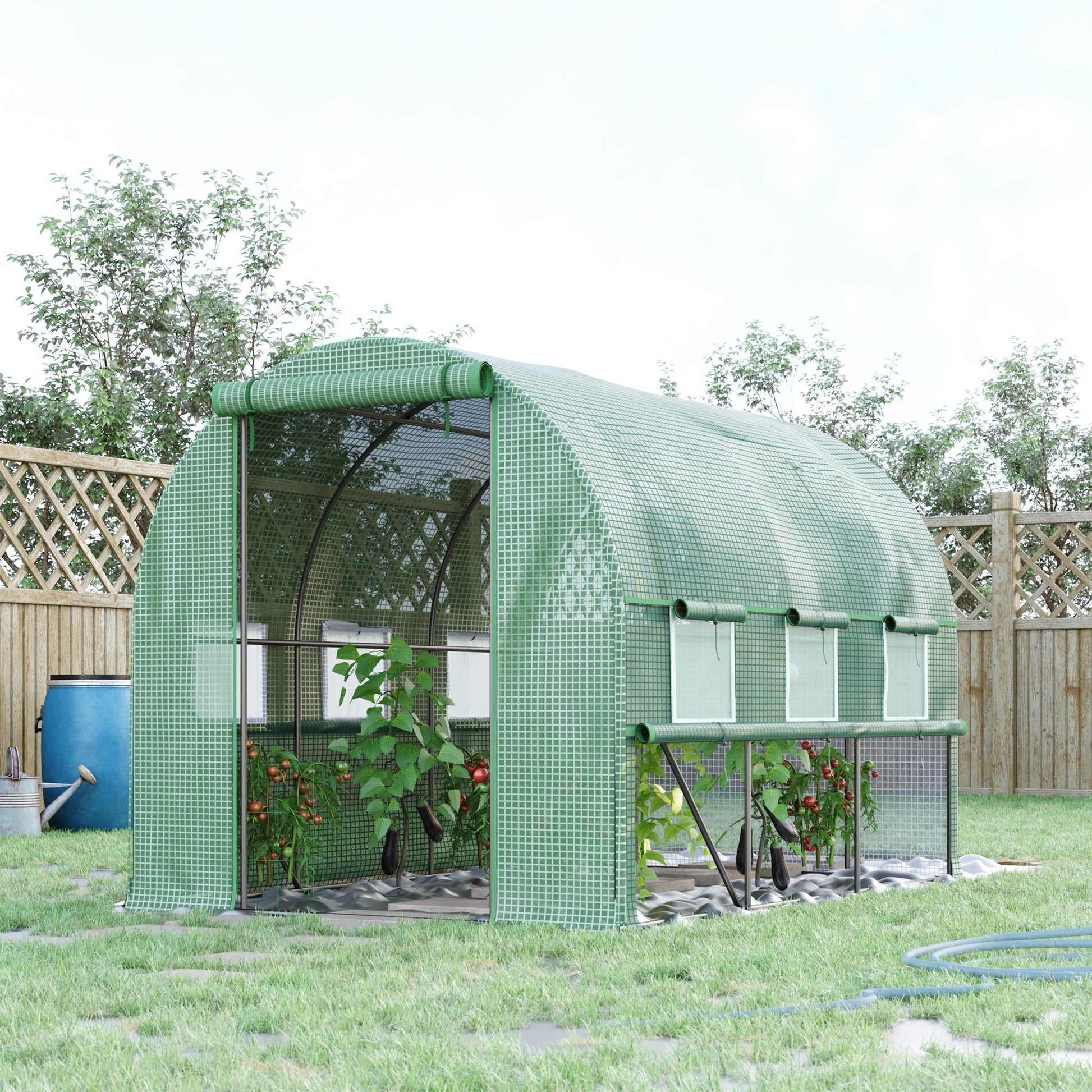 Green Tunnel Greenhouse, 2.95 x 2 x 2 m Greenhouse with Roll-up Window, UV Protection, Windproof Tomato House, for Garden, Balcony, Steel