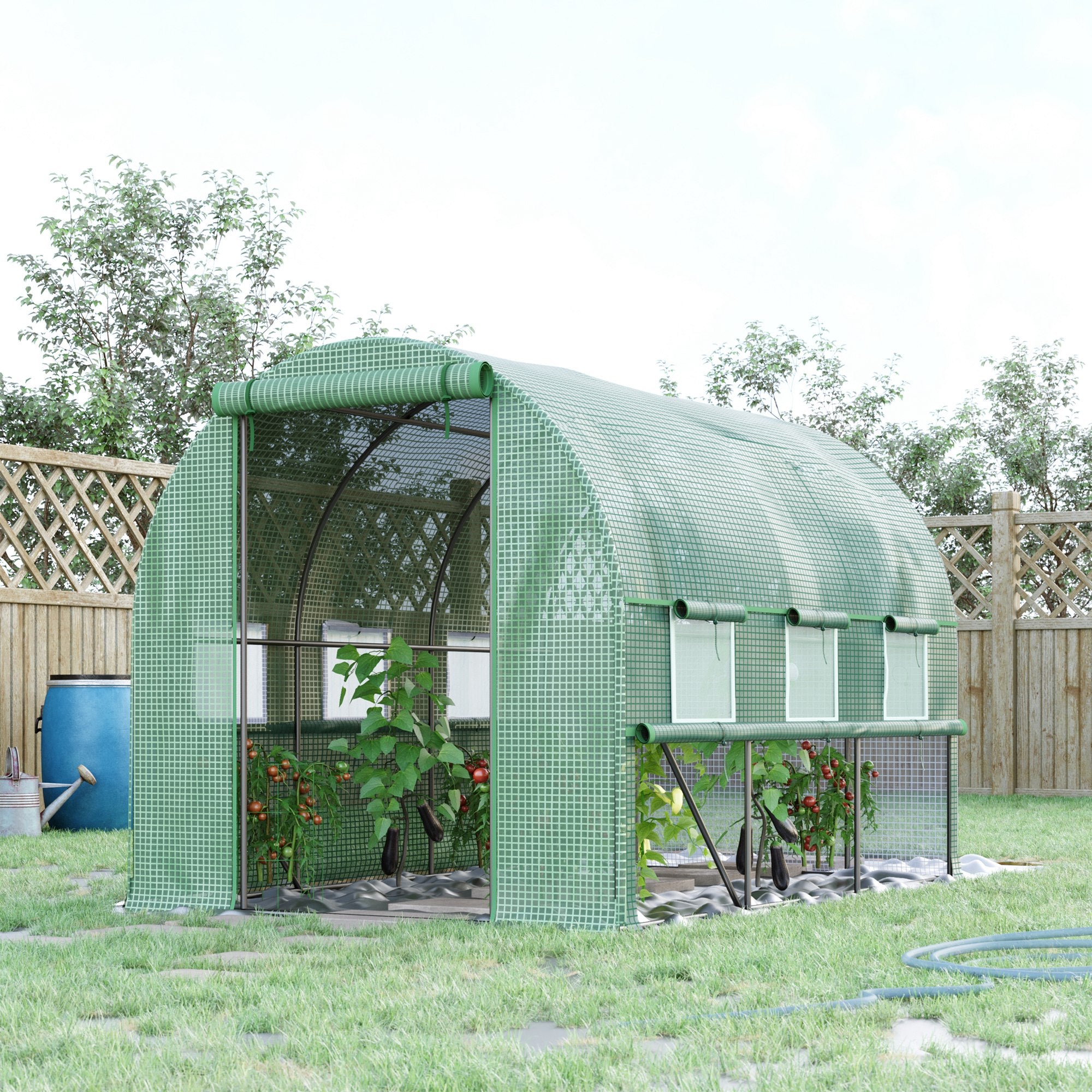 Green Tunnel Greenhouse, 2.95 x 2 x 2 m Greenhouse with Roll-up Window, UV Protection, Windproof Tomato House, for Garden, Balcony, Steel