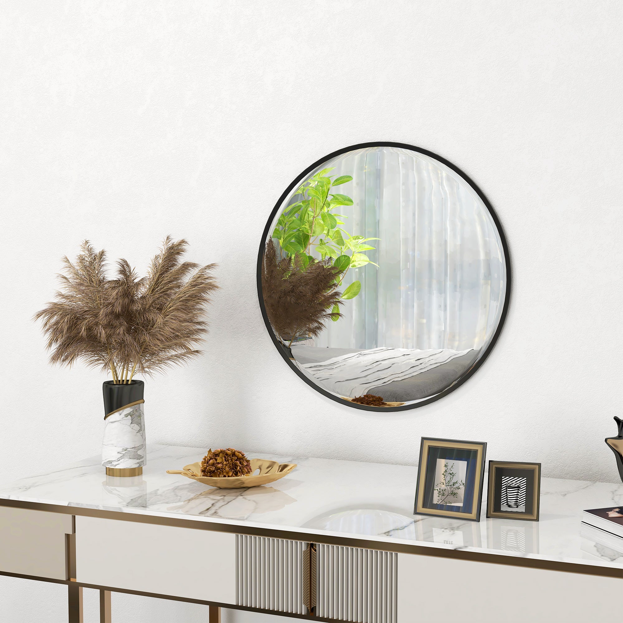 Wall Mirror, 60 x 60 cm Round Bathroom Mirror with Aluminum Alloy Frame, Decorative Mirror for Bathroom, Living Room, Bedroom, Black