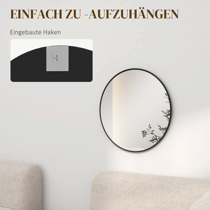 Wall Mirror, 60 x 60 cm Round Bathroom Mirror with Aluminum Alloy Frame, Decorative Mirror for Bathroom, Living Room, Bedroom, Black