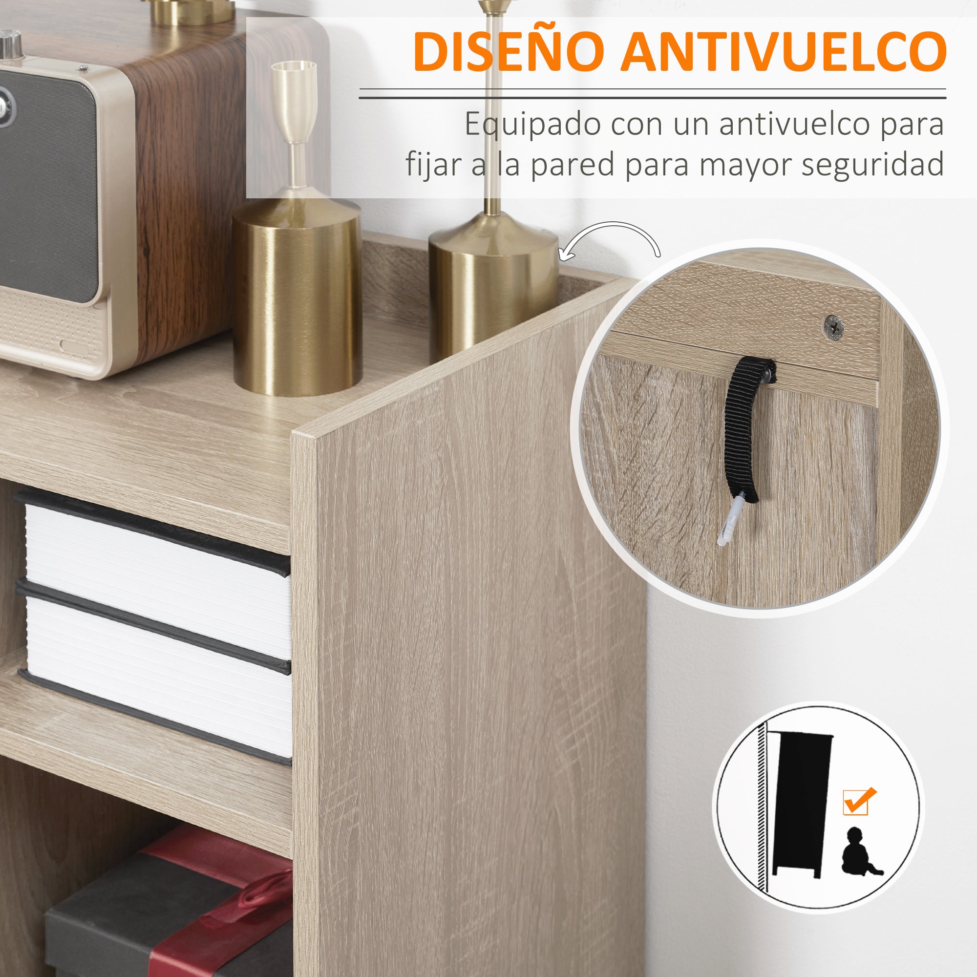 Modern Living Room Sideboard with 2 Doors 1 Drawer and 3 Open Shelves Storage Unit for Kitchen Bedroom Entryway Anti-Tip 80x30x96.5 cm Natural