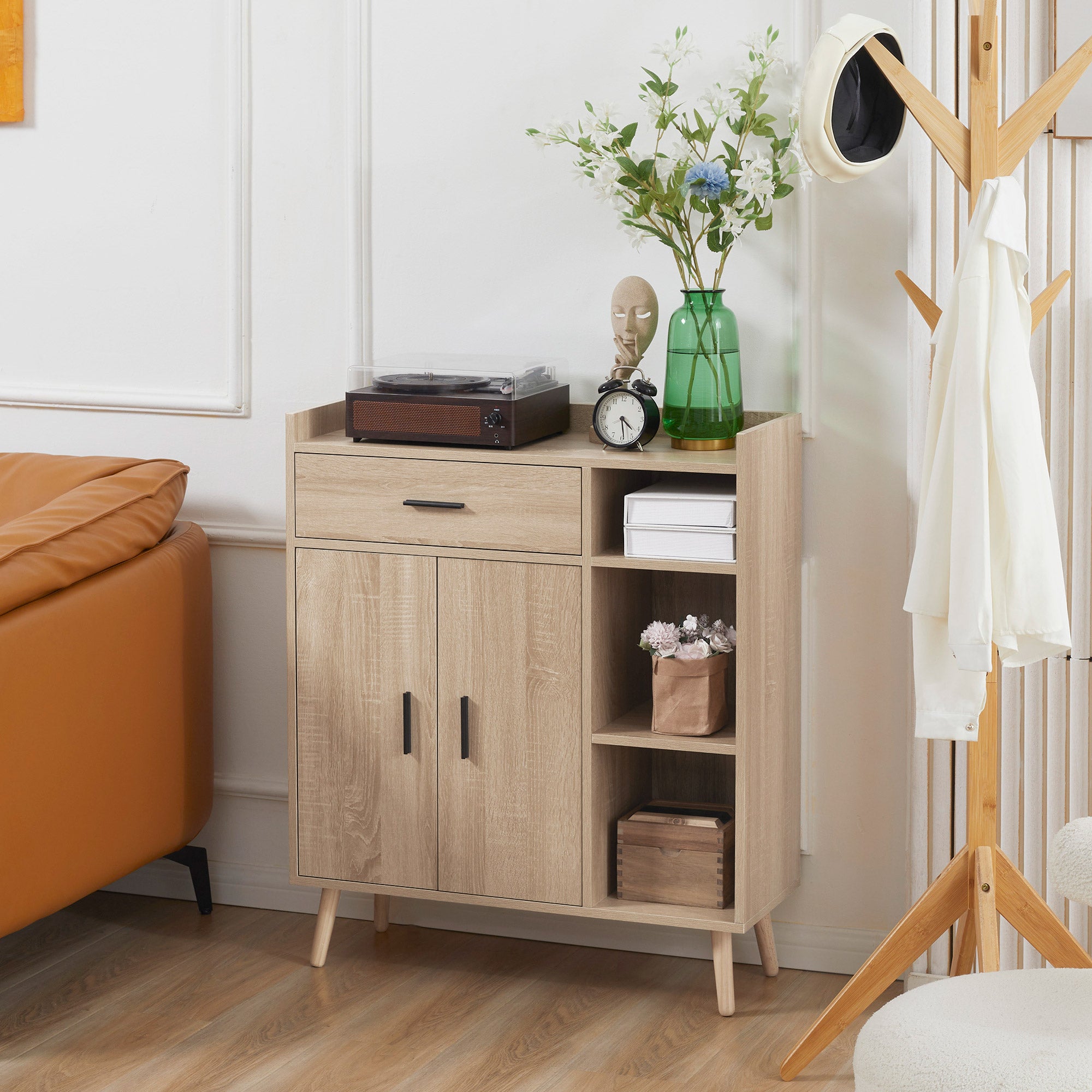 Modern Living Room Sideboard with 2 Doors 1 Drawer and 3 Open Shelves Storage Unit for Kitchen Bedroom Entryway Anti-Tip 80x30x96.5 cm Natural