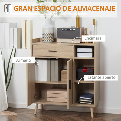 Modern Living Room Sideboard with 2 Doors 1 Drawer and 3 Open Shelves Storage Unit for Kitchen Bedroom Entryway Anti-Tip 80x30x96.5 cm Natural