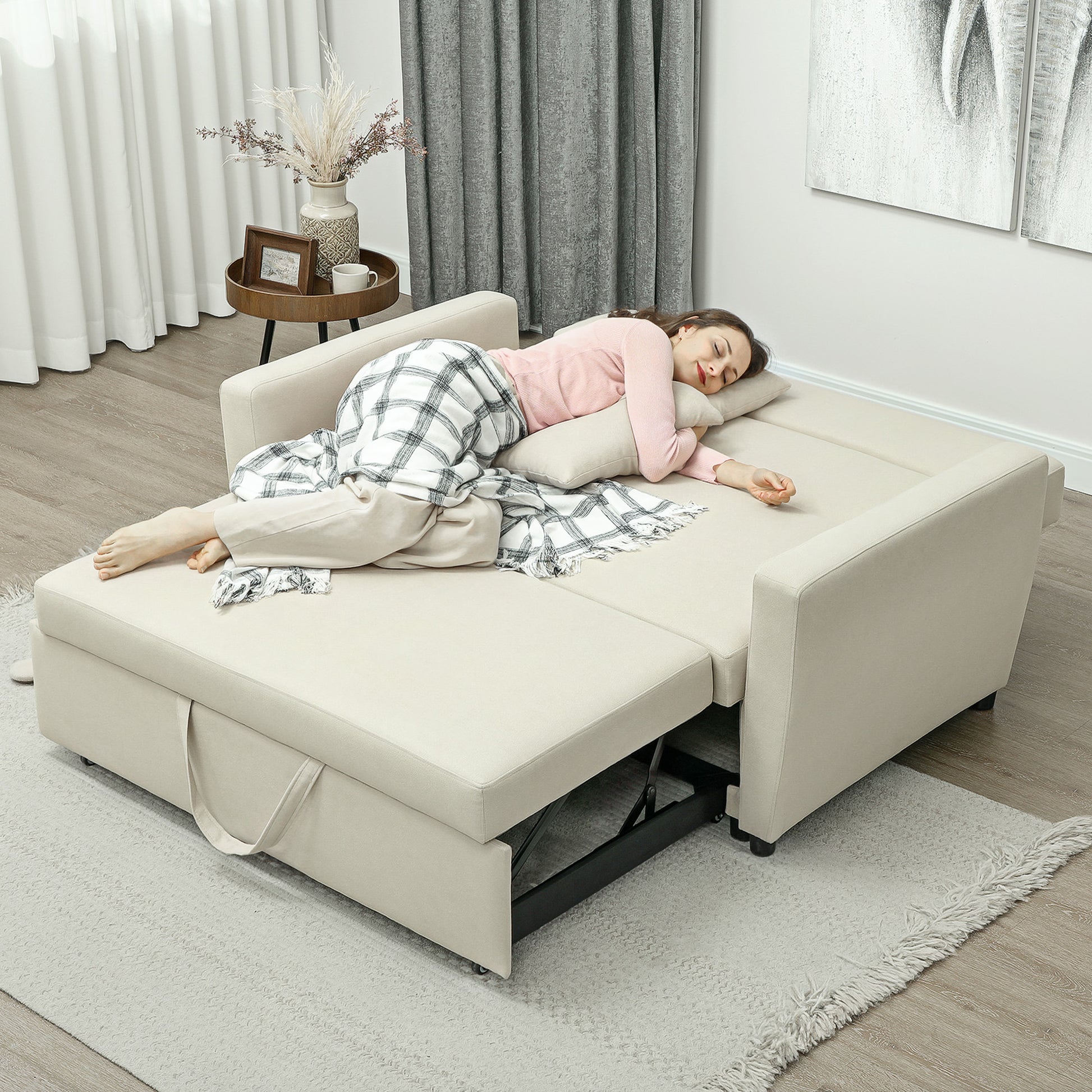 Sofa Bed, 2-Seater Sofa with Sleeping Function, Adjustable Backrest, Couch with Cushions, Velvet Look, Sleeper Sofa for Living Room, Guest Room, Beige