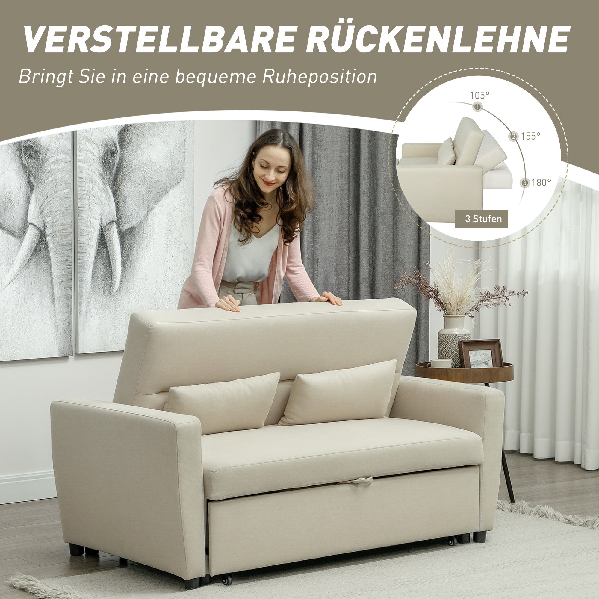 Sofa Bed, 2-Seater Sofa with Sleeping Function, Adjustable Backrest, Couch with Cushions, Velvet Look, Sleeper Sofa for Living Room, Guest Room, Beige
