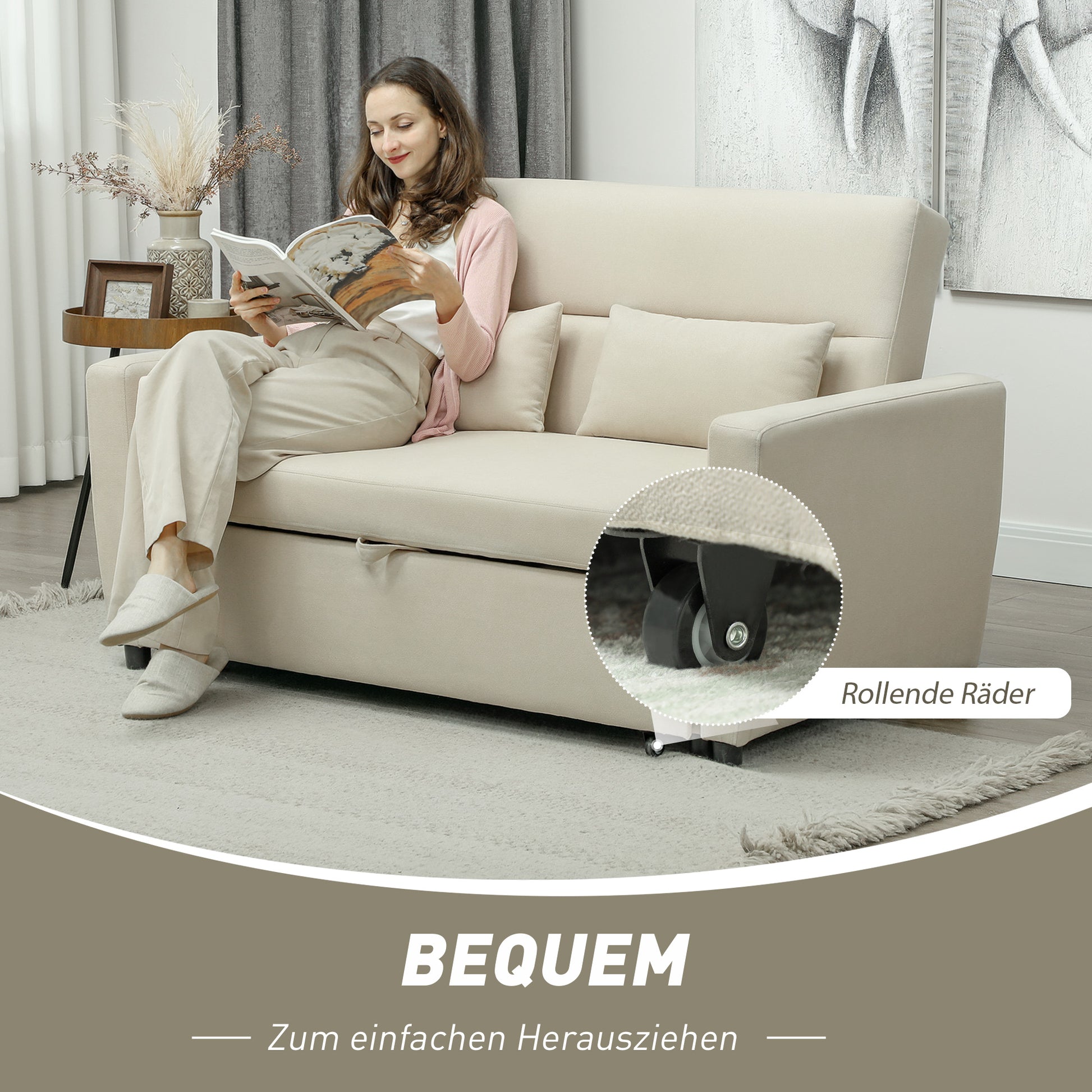 Sofa Bed, 2-Seater Sofa with Sleeping Function, Adjustable Backrest, Couch with Cushions, Velvet Look, Sleeper Sofa for Living Room, Guest Room, Beige