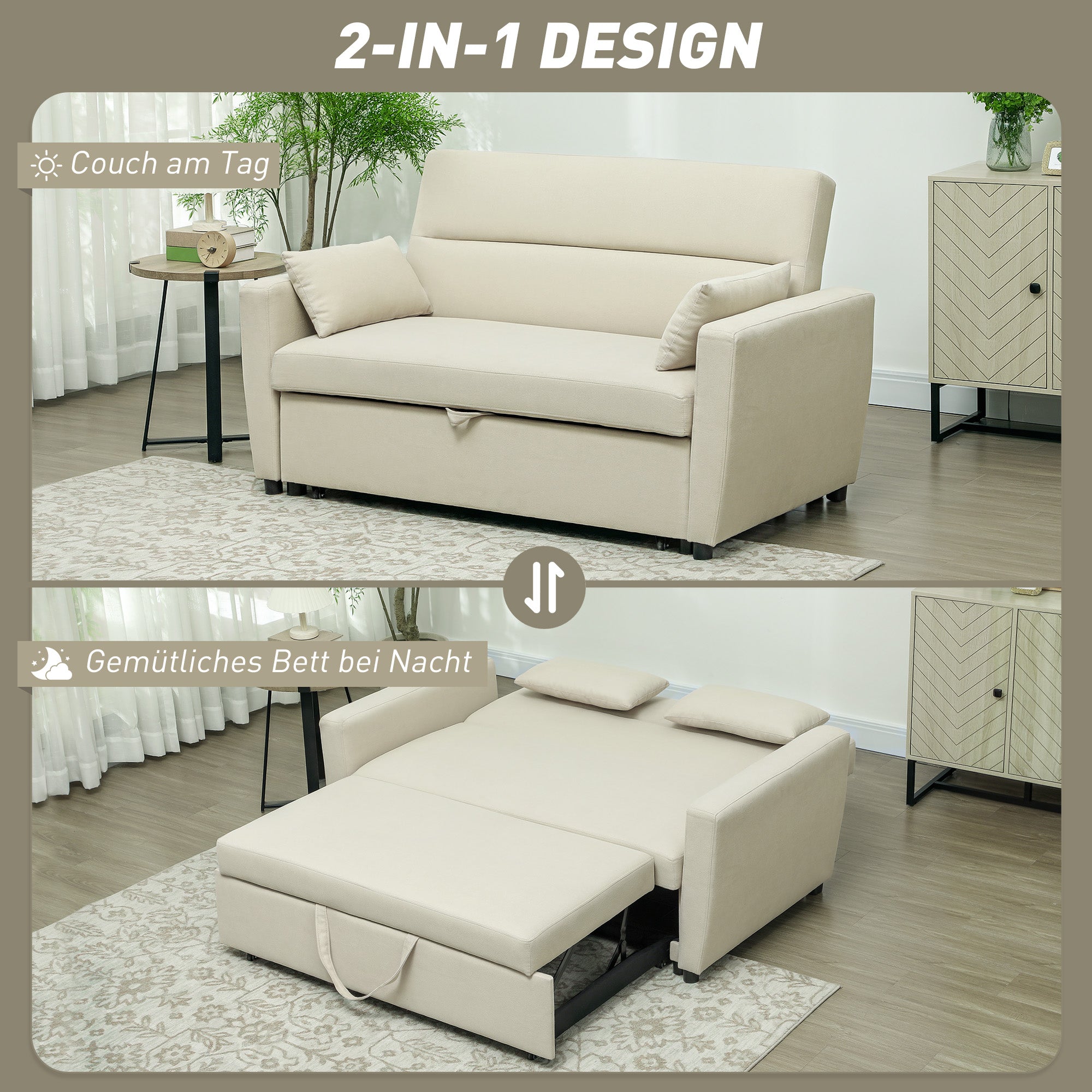 Sofa Bed, 2-Seater Sofa with Sleeping Function, Adjustable Backrest, Couch with Cushions, Velvet Look, Sleeper Sofa for Living Room, Guest Room, Beige