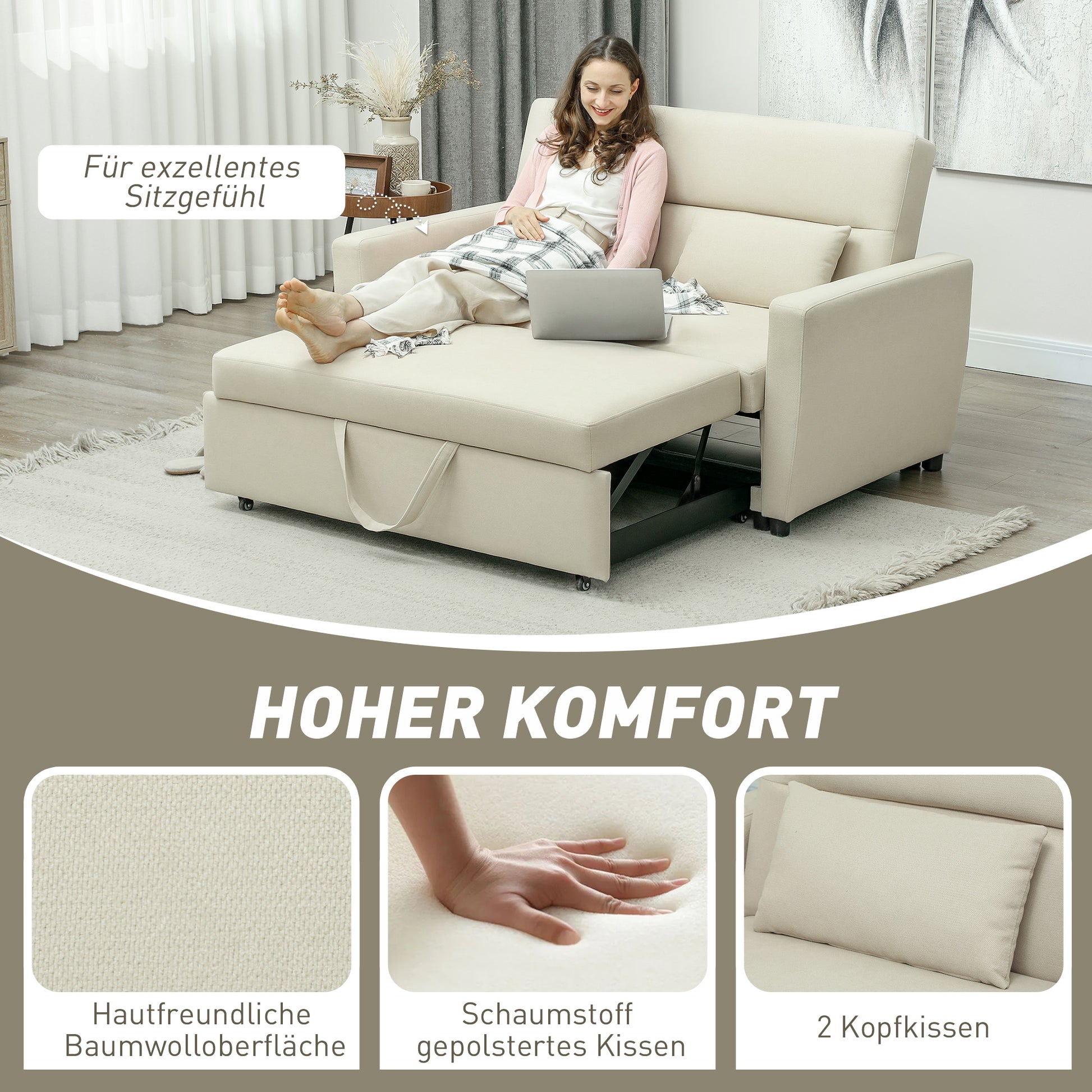 Sofa Bed, 2-Seater Sofa with Sleeping Function, Adjustable Backrest, Couch with Cushions, Velvet Look, Sleeper Sofa for Living Room, Guest Room, Beige