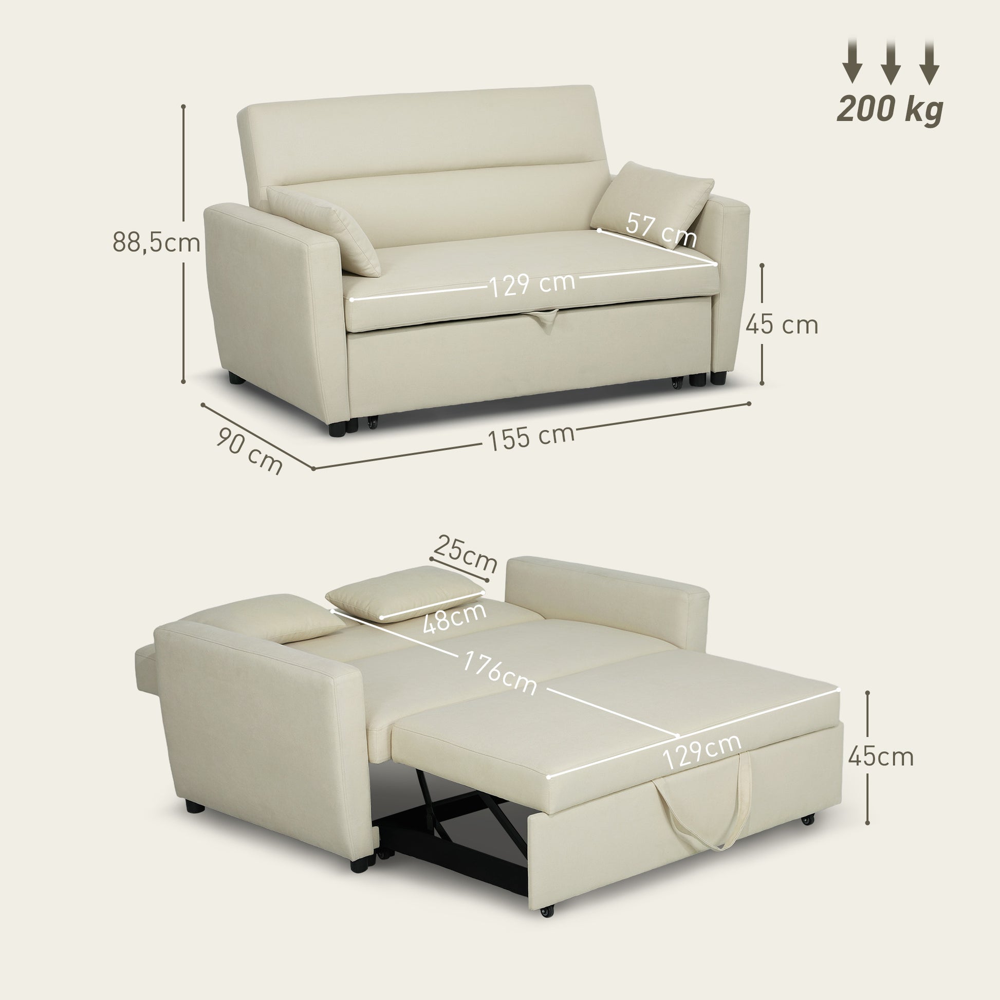 Sofa Bed, 2-Seater Sofa with Sleeping Function, Adjustable Backrest, Couch with Cushions, Velvet Look, Sleeper Sofa for Living Room, Guest Room, Beige