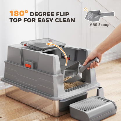 XXL Stainless Steel Cat Litter Box, 130 L (≈34.3 US gal) — 180° Flip Lid, High Sides, Scoop & Step — For Up to 3 Cats (≤22 lb / 10 kg each) — 27.6 x 19.7 x 16.9 in, Gray