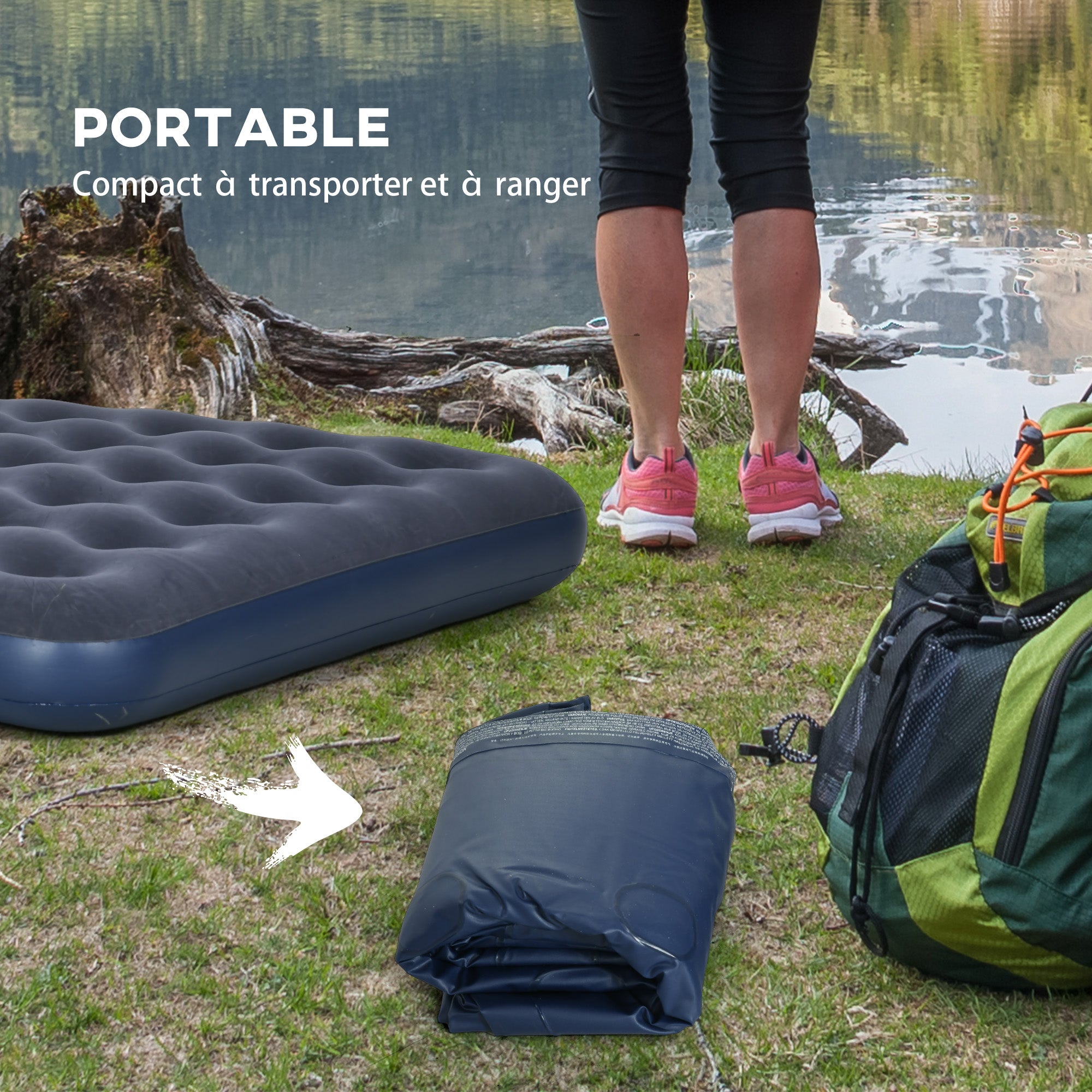 Inflatable mattress for 2 people with integrated hand pump, flocked surface, for camping, travel - 203L x 152W x 22H cm, blue