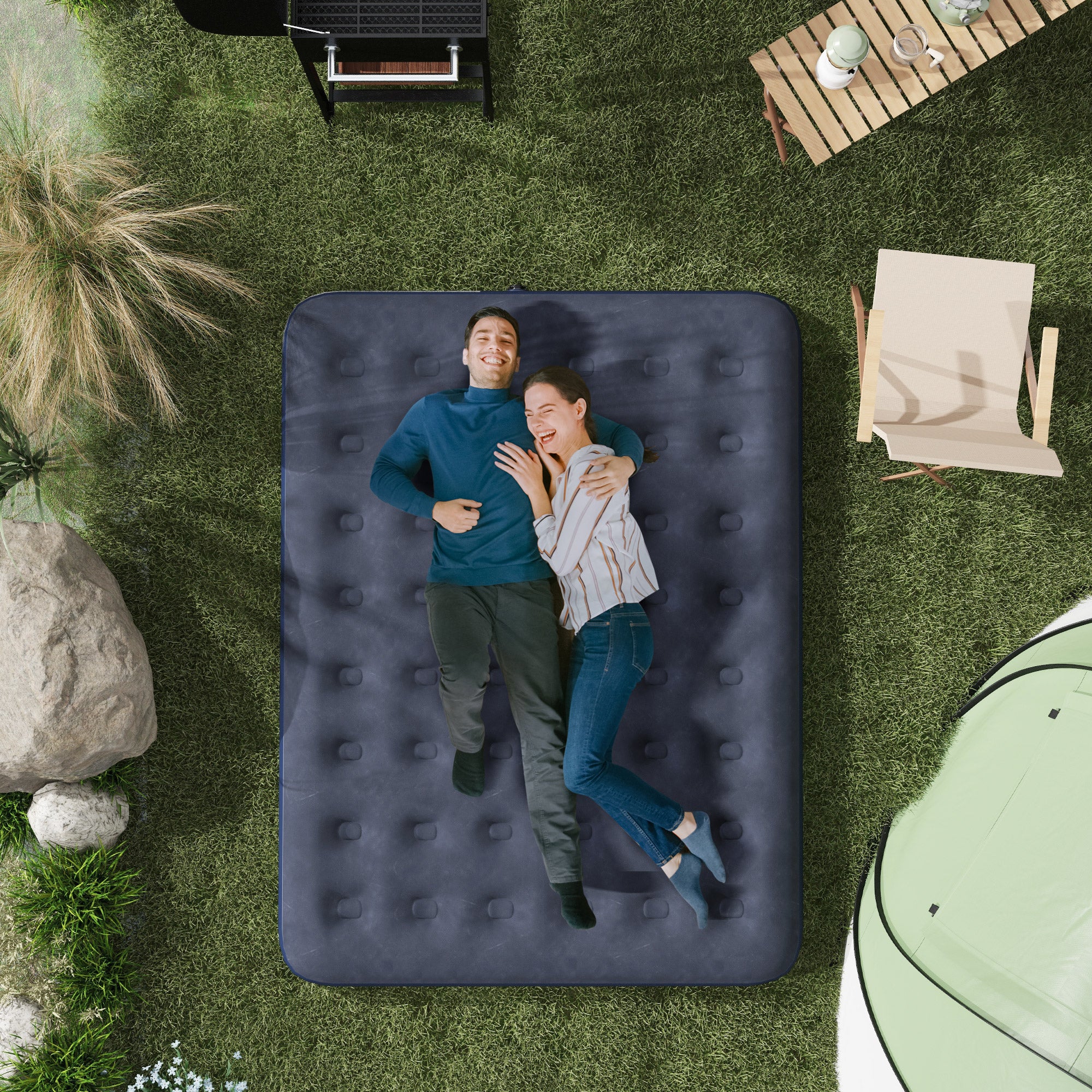 Inflatable mattress for 2 people with integrated hand pump, flocked surface, for camping, travel - 203L x 152W x 22H cm, blue