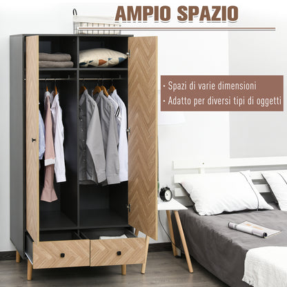 2-Door Wardrobe with Wooden Legs, 4 Compartments, 2 Drawers, and Hanging Rail for Bedroom in Chipboard Wood, Dark Grey, 90x50x190cm