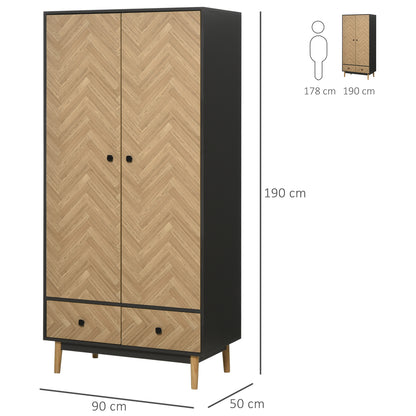 2-Door Wardrobe with Wooden Legs, 4 Compartments, 2 Drawers, and Hanging Rail for Bedroom in Chipboard Wood, Dark Grey, 90x50x190cm