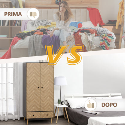 2-Door Wardrobe with Wooden Legs, 4 Compartments, 2 Drawers, and Hanging Rail for Bedroom in Chipboard Wood, Dark Grey, 90x50x190cm