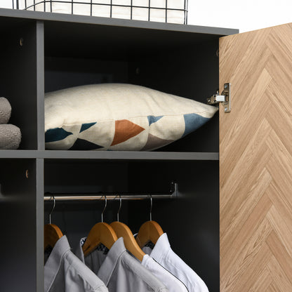 2-Door Wardrobe with Wooden Legs, 4 Compartments, 2 Drawers, and Hanging Rail for Bedroom in Chipboard Wood, Dark Grey, 90x50x190cm