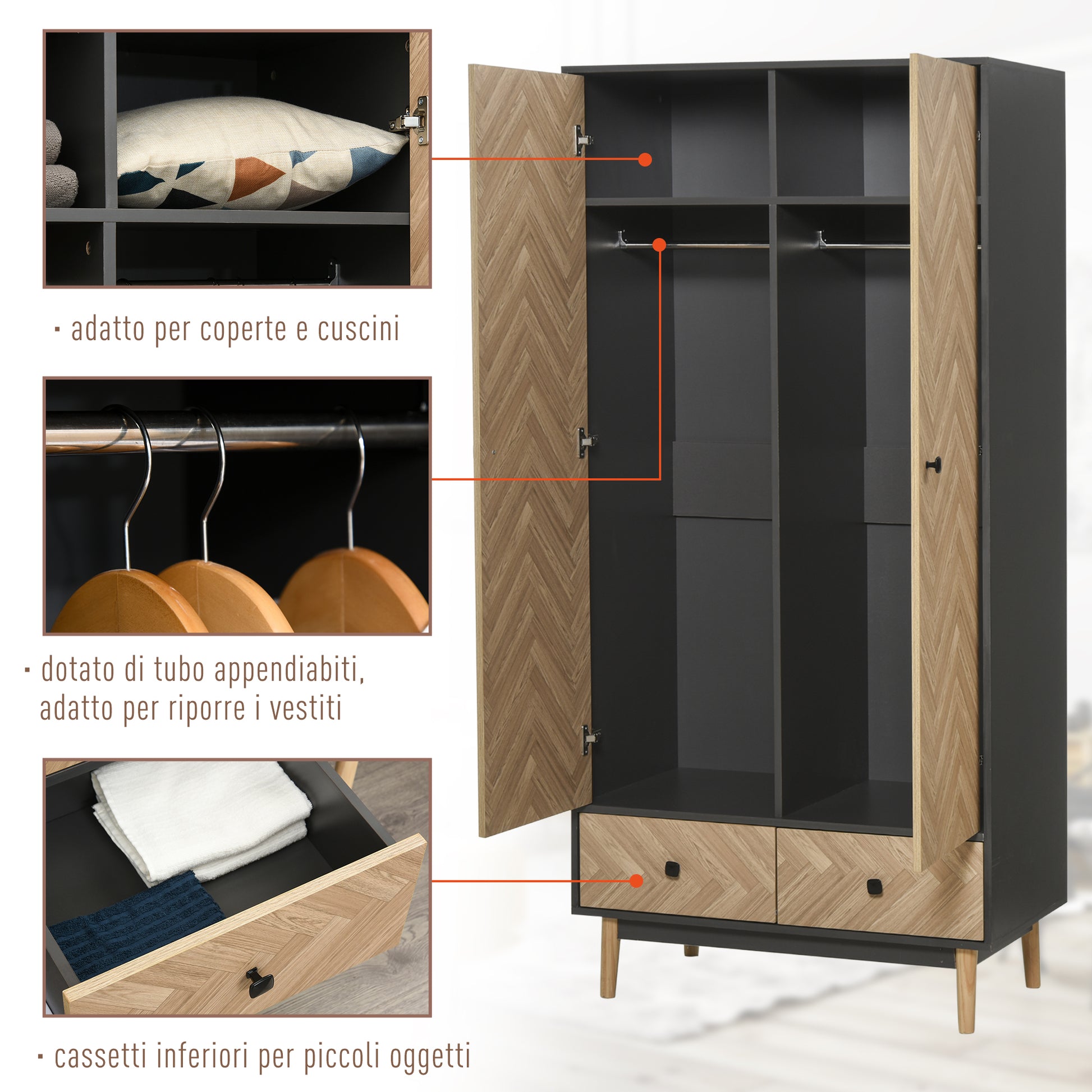 2-Door Wardrobe with Wooden Legs, 4 Compartments, 2 Drawers, and Hanging Rail for Bedroom in Chipboard Wood, Dark Grey, 90x50x190cm