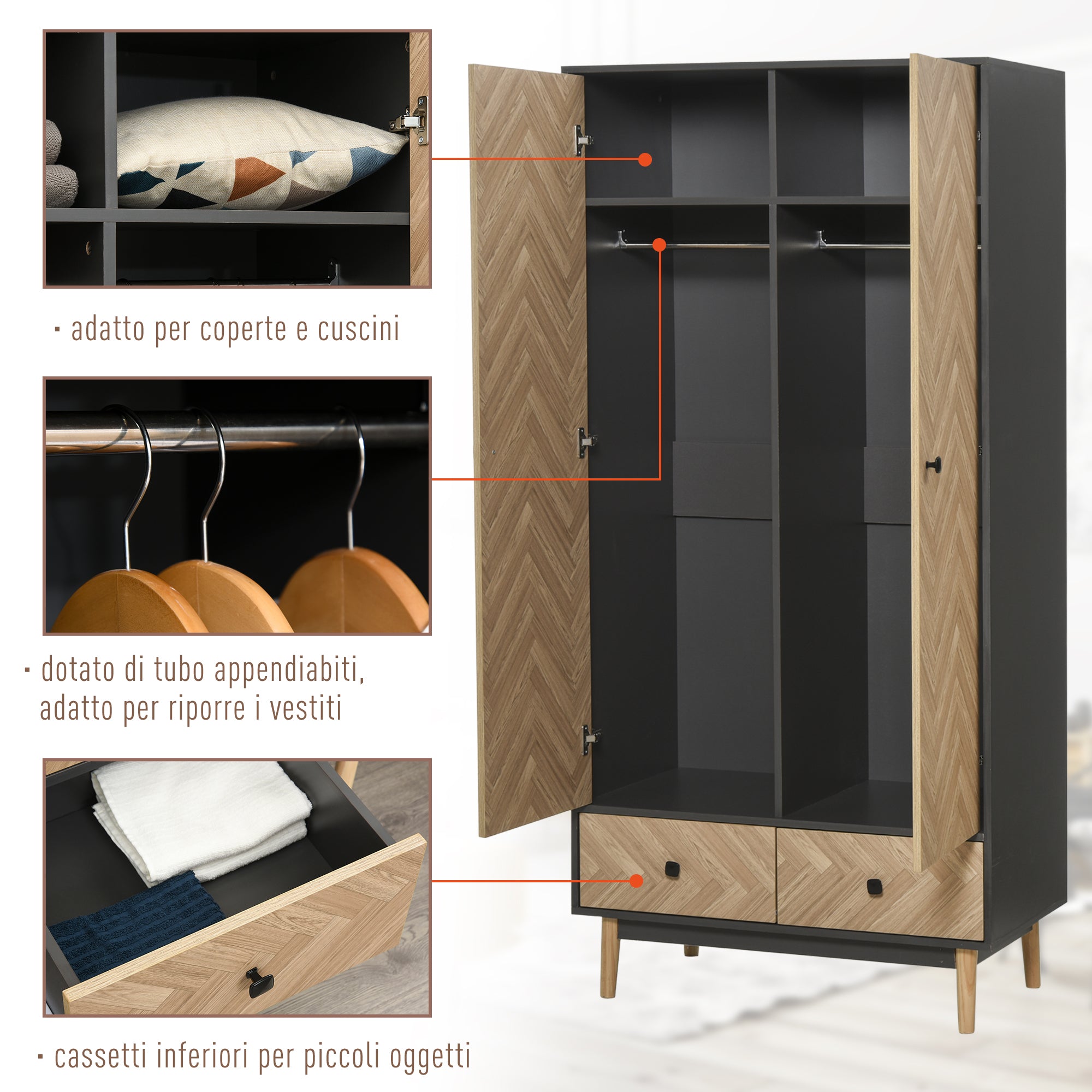 2-Door Wardrobe with Wooden Legs, 4 Compartments, 2 Drawers, and Hanging Rail for Bedroom in Chipboard Wood, Dark Grey, 90x50x190cm