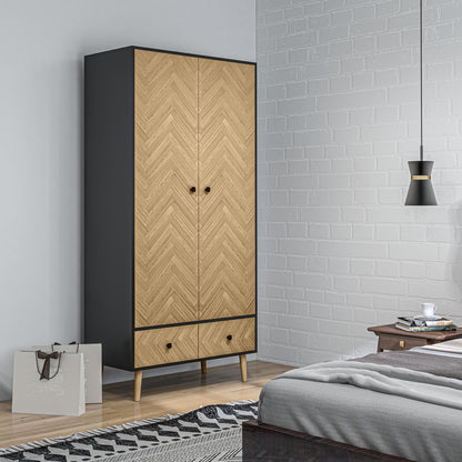 2-Door Wardrobe with Wooden Legs, 4 Compartments, 2 Drawers, and Hanging Rail for Bedroom in Chipboard Wood, Dark Grey, 90x50x190cm