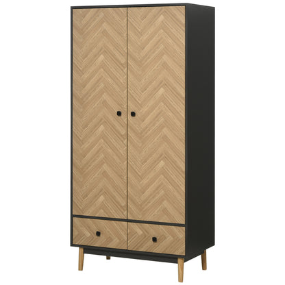 2-Door Wardrobe with Wooden Legs, 4 Compartments, 2 Drawers, and Hanging Rail for Bedroom in Chipboard Wood, Dark Grey, 90x50x190cm