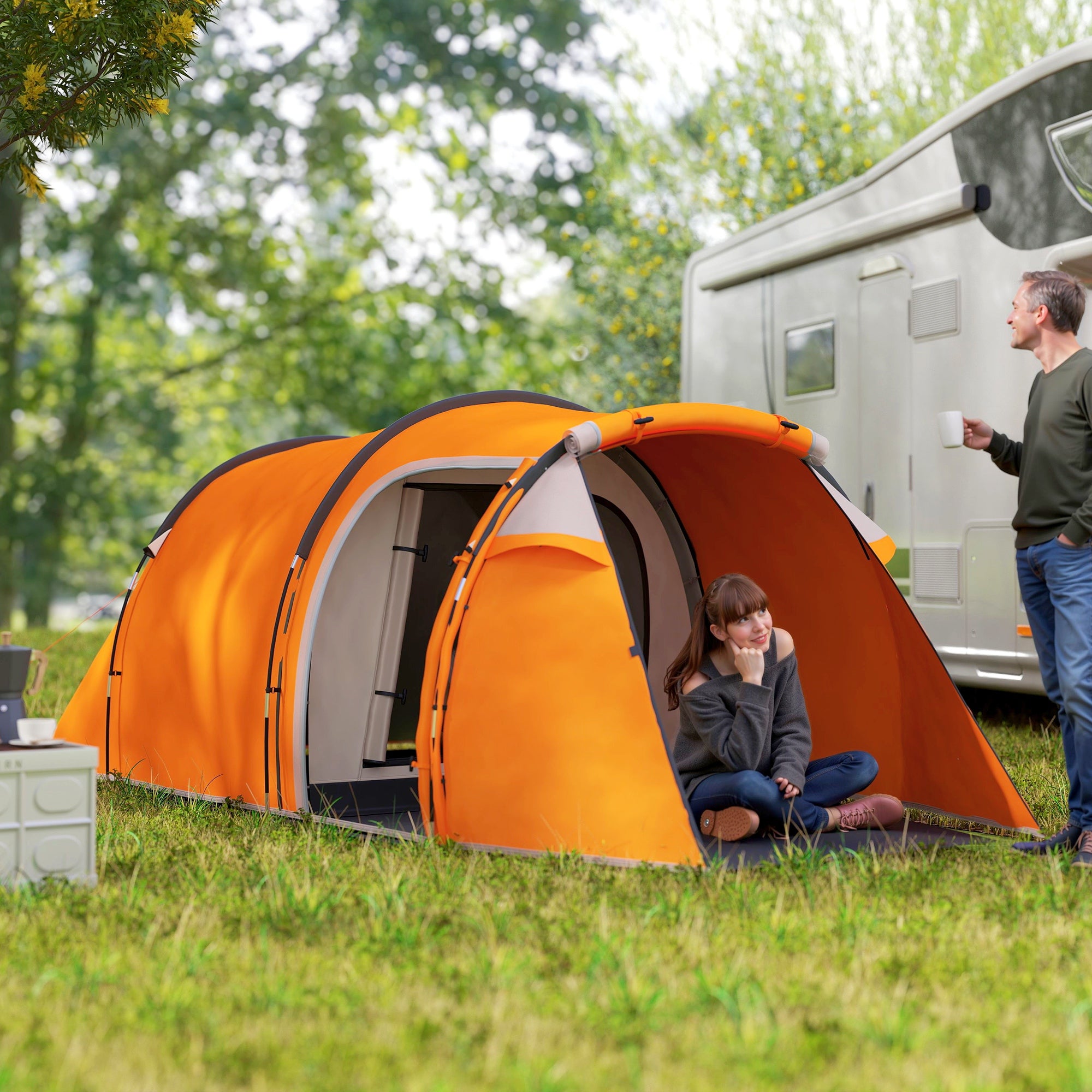 Tunnel Tent for 2–3 People, Camping Tent with Vestibule & Lantern Hook, 2000 mm Waterproof, Family/Group Tent for Travel, Trekking, Garden – Orange