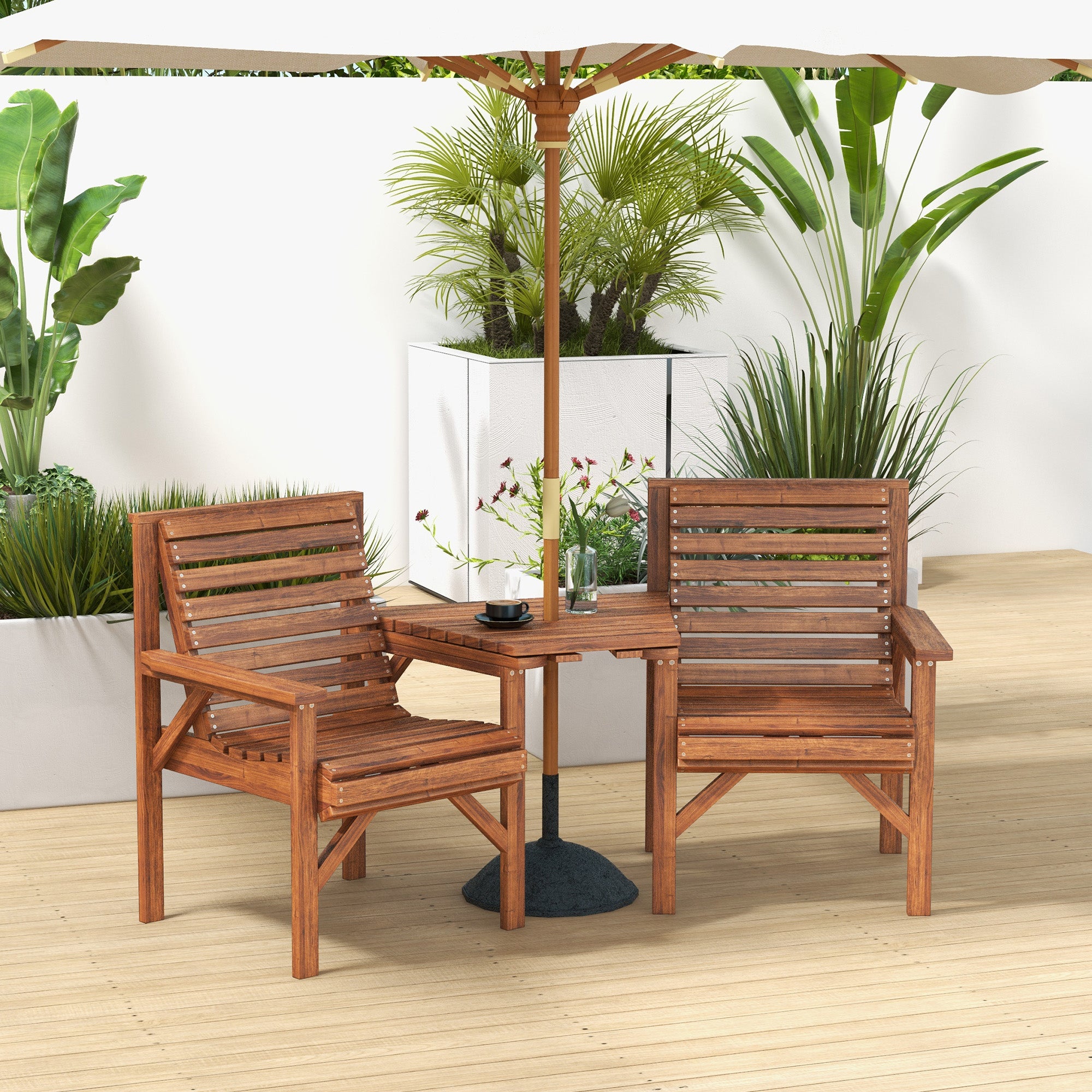 3-Piece Weatherproof Charred Pine Bistro Set — Slatted Design, Umbrella Hole, Outdoor Balcony Seating