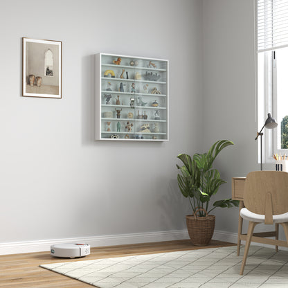 Wall Display Cabinet for Collectibles, 31.5 x 3.7 x 32.7 in, 6 Adjustable Shelves, 2 Glass Sliding Doors, White — For Figurines & Model Cars