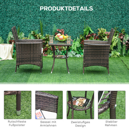 Poly Rattan Garden Furniture Set, Outdoor Lounge Balcony Furniture for 2 People, 3-Piece Seating Group, 2 Chairs, Table Seat Cushions, Garden Lounge for Garden, Terrace, Balcony, Brown