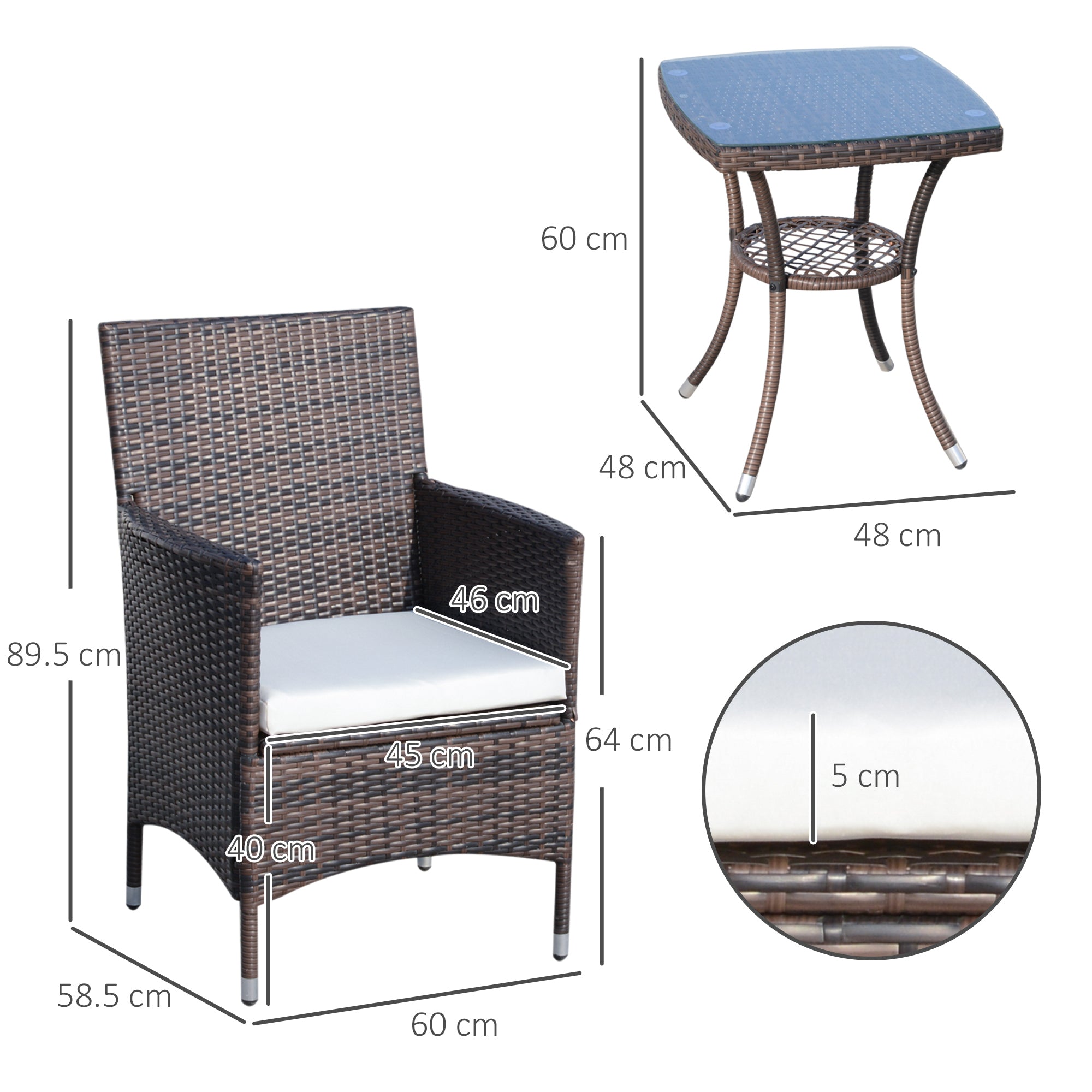 Poly Rattan Garden Furniture Set, Outdoor Lounge Balcony Furniture for 2 People, 3-Piece Seating Group, 2 Chairs, Table Seat Cushions, Garden Lounge for Garden, Terrace, Balcony, Brown