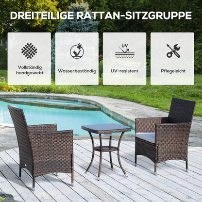 Poly Rattan Garden Furniture Set, Outdoor Lounge Balcony Furniture for 2 People, 3-Piece Seating Group, 2 Chairs, Table Seat Cushions, Garden Lounge for Garden, Terrace, Balcony, Brown