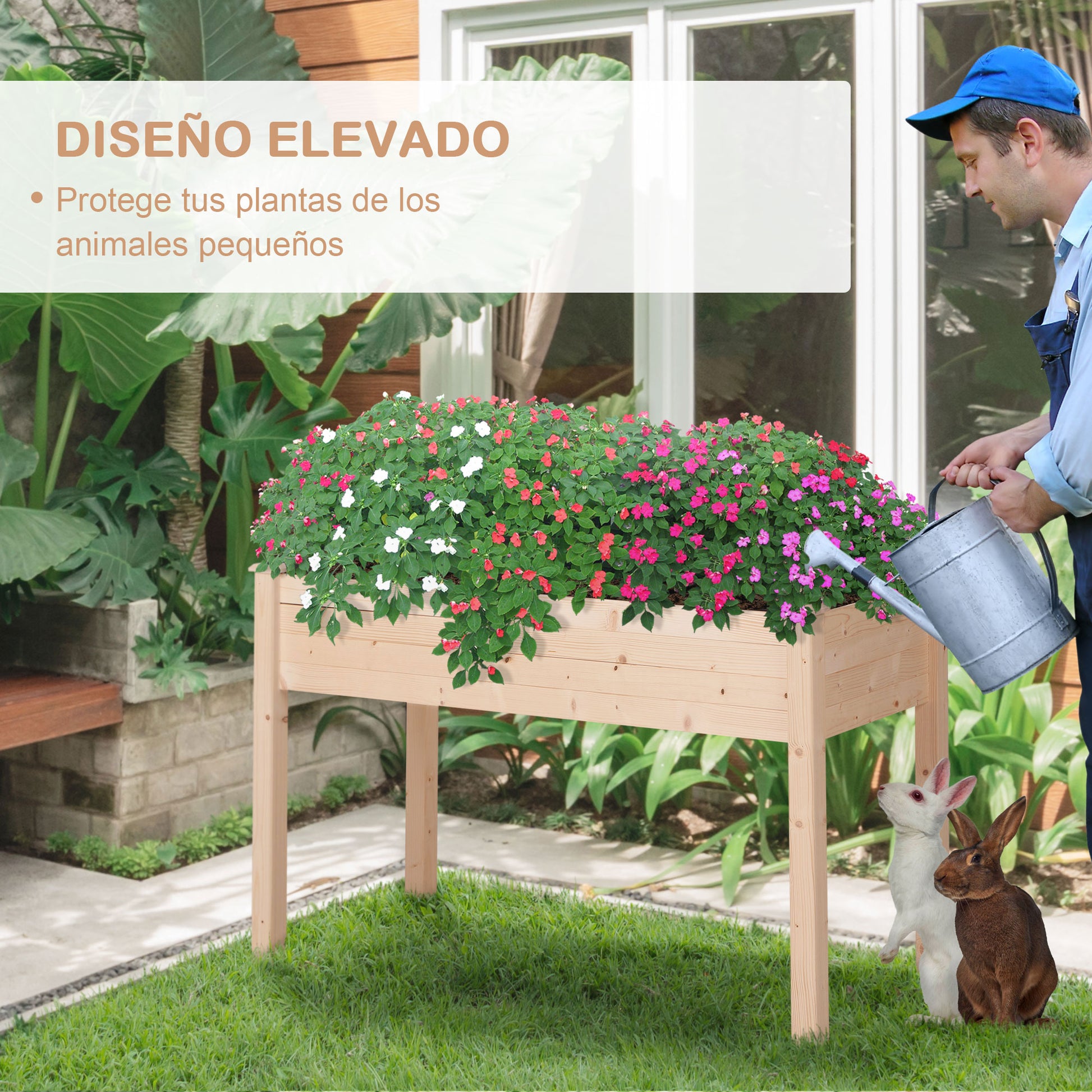 Raised Urban Garden Natural Wood 122.5x56.5x76 cm Raised planting table with Non-woven Fabric and 4 Drainage Holes for Crops Plants Flowers Garden Terrace Outdoor Natural