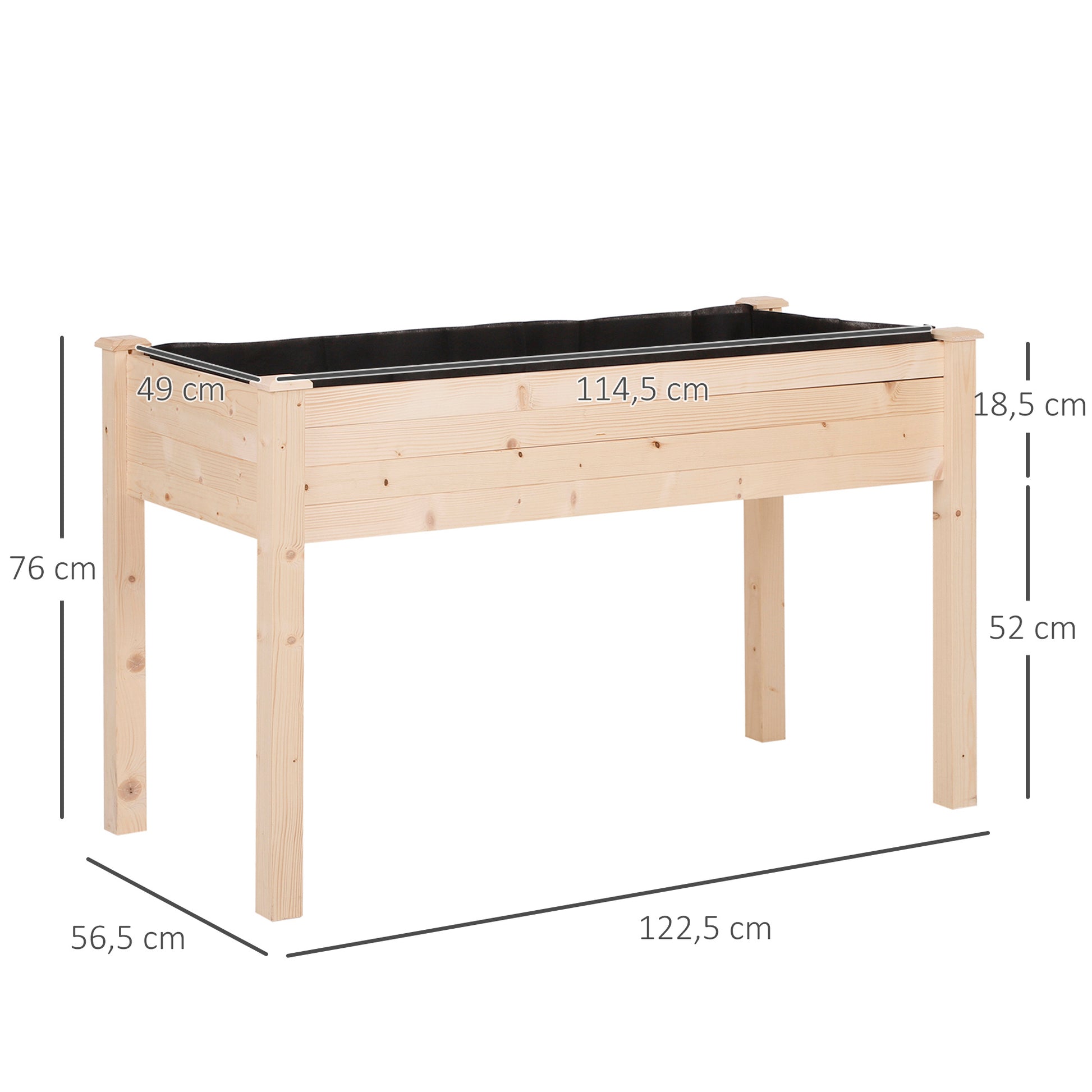 Raised Urban Garden Natural Wood 122.5x56.5x76 cm Raised planting table with Non-woven Fabric and 4 Drainage Holes for Crops Plants Flowers Garden Terrace Outdoor Natural