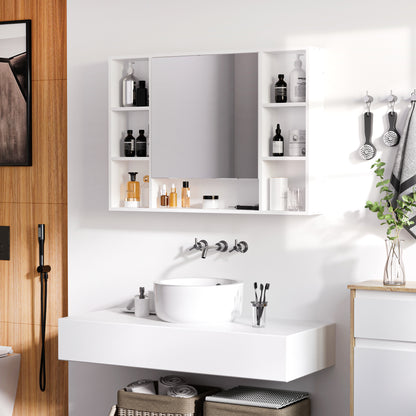 Bathroom Mirror with Open Shelves and Mirrored Cabinet Door, Space-Saving White Bathroom Cabinet, 100x15x70cm