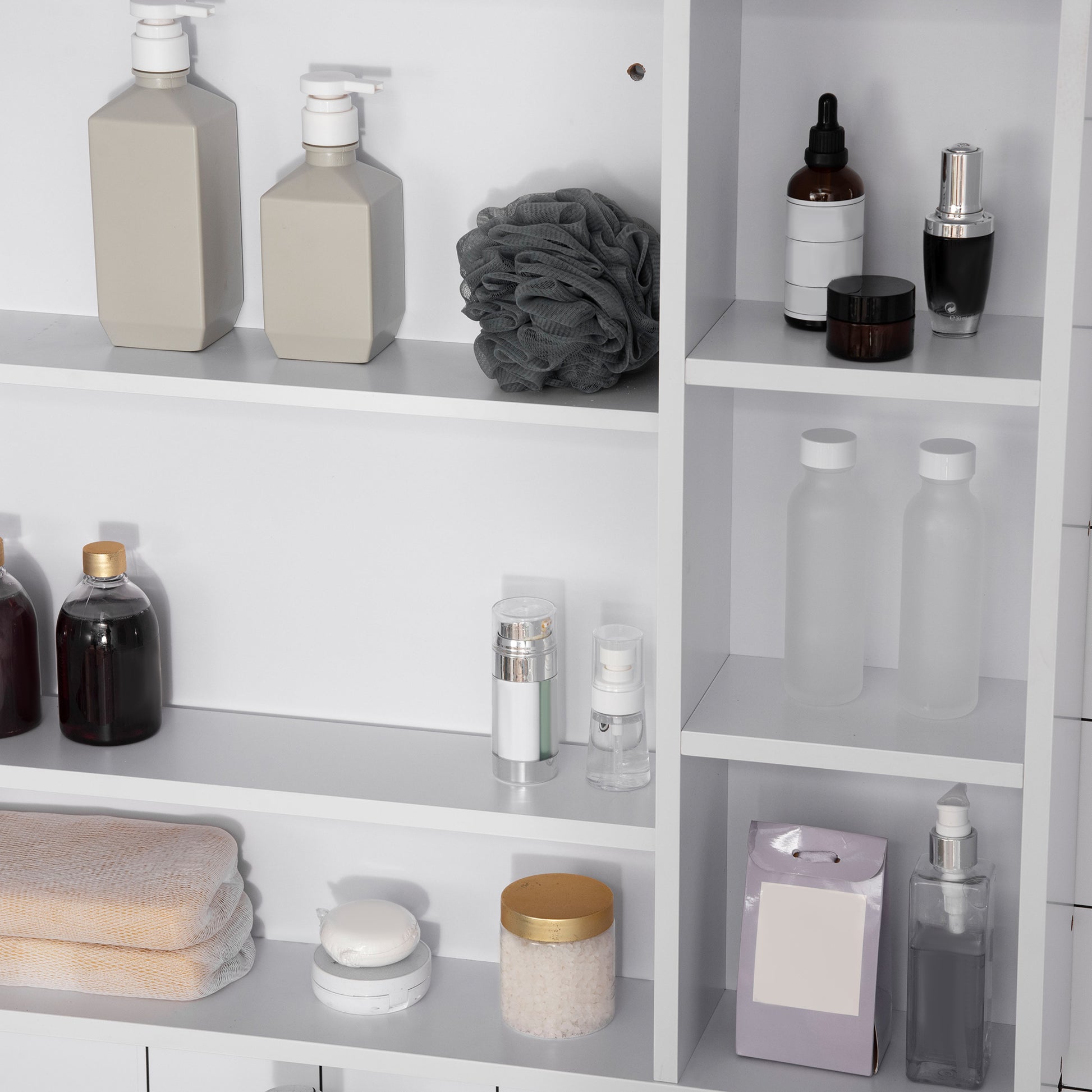 Bathroom Mirror with Open Shelves and Mirrored Cabinet Door, Space-Saving White Bathroom Cabinet, 100x15x70cm
