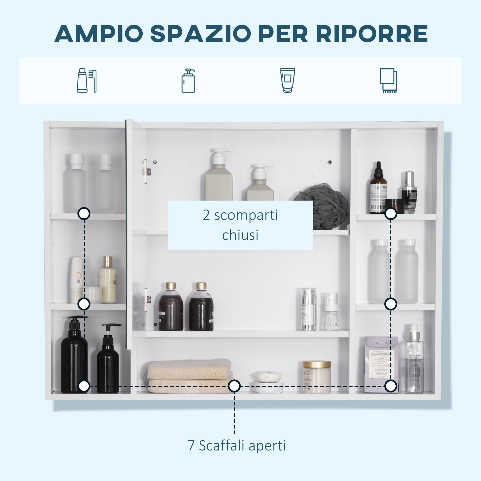 Bathroom Mirror with Open Shelves and Mirrored Cabinet Door, Space-Saving White Bathroom Cabinet, 100x15x70cm