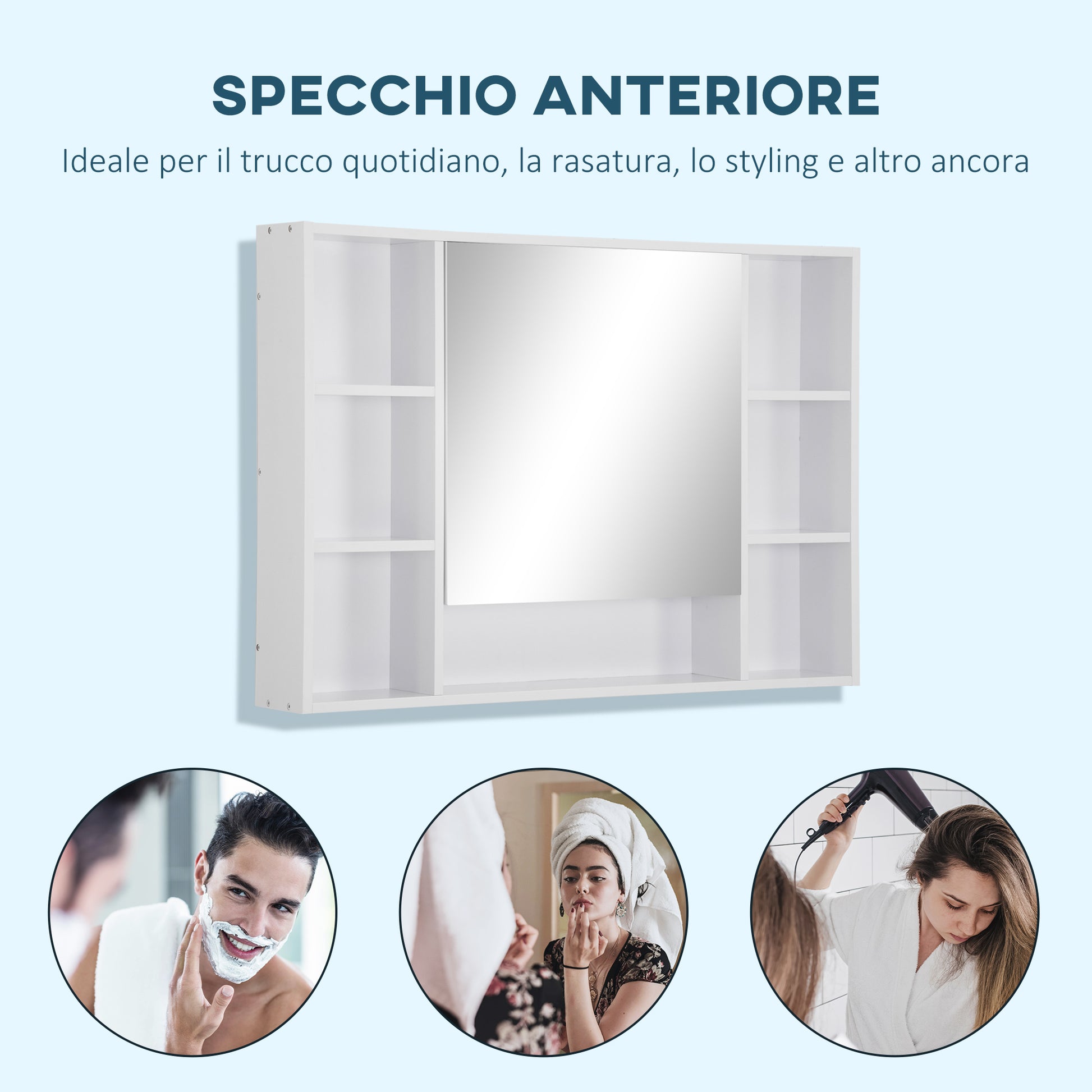 Bathroom Mirror with Open Shelves and Mirrored Cabinet Door, Space-Saving White Bathroom Cabinet, 100x15x70cm