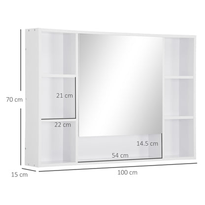 Bathroom Mirror with Open Shelves and Mirrored Cabinet Door, Space-Saving White Bathroom Cabinet, 100x15x70cm