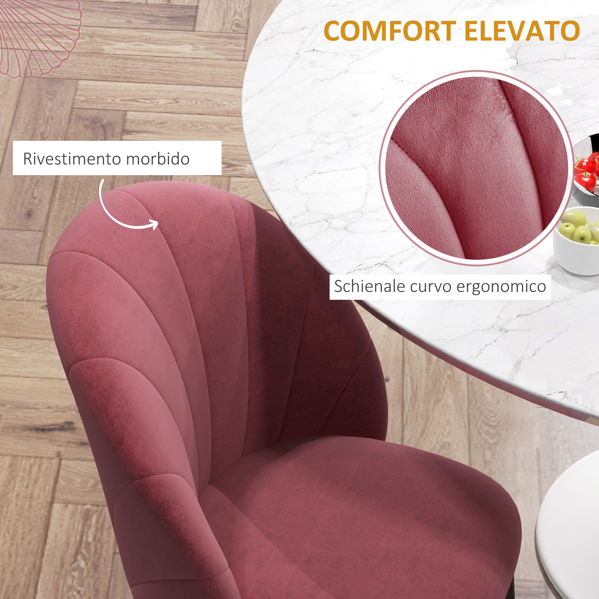 Set of 2 Dining Room Chairs, Modern Kitchen Chairs with Shell Back and Metal Legs, Velvet Upholstered Chair for Kitchen, Bedroom, Office, and Living Room, Antique Red