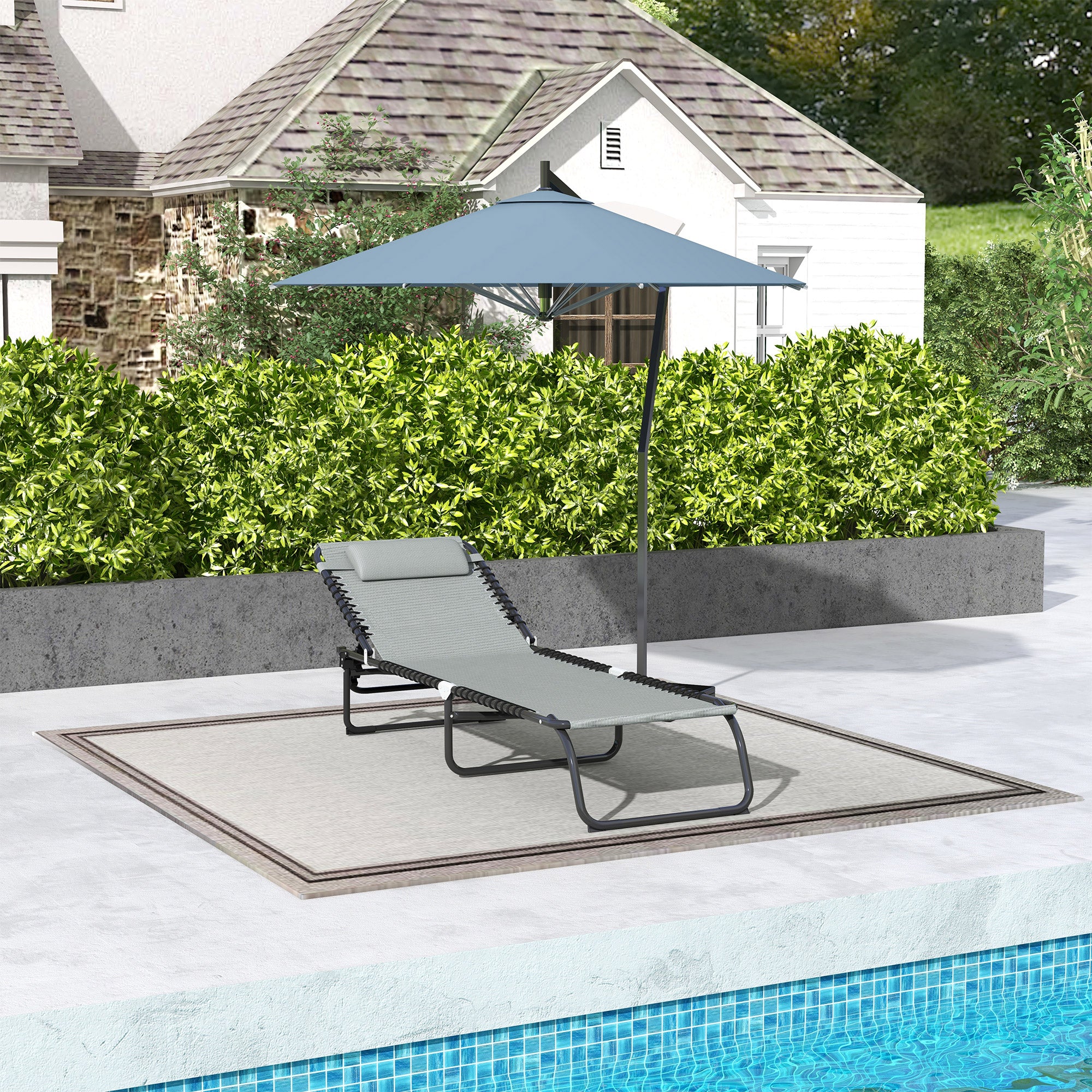 Folding Sun Lounger with 4-Position Adjustable Backrest and Head Cushion, Weather-Resistant Chaise Lounge for Camping, Garden, Beach & Pool — Light Gray, Up to 265 lb